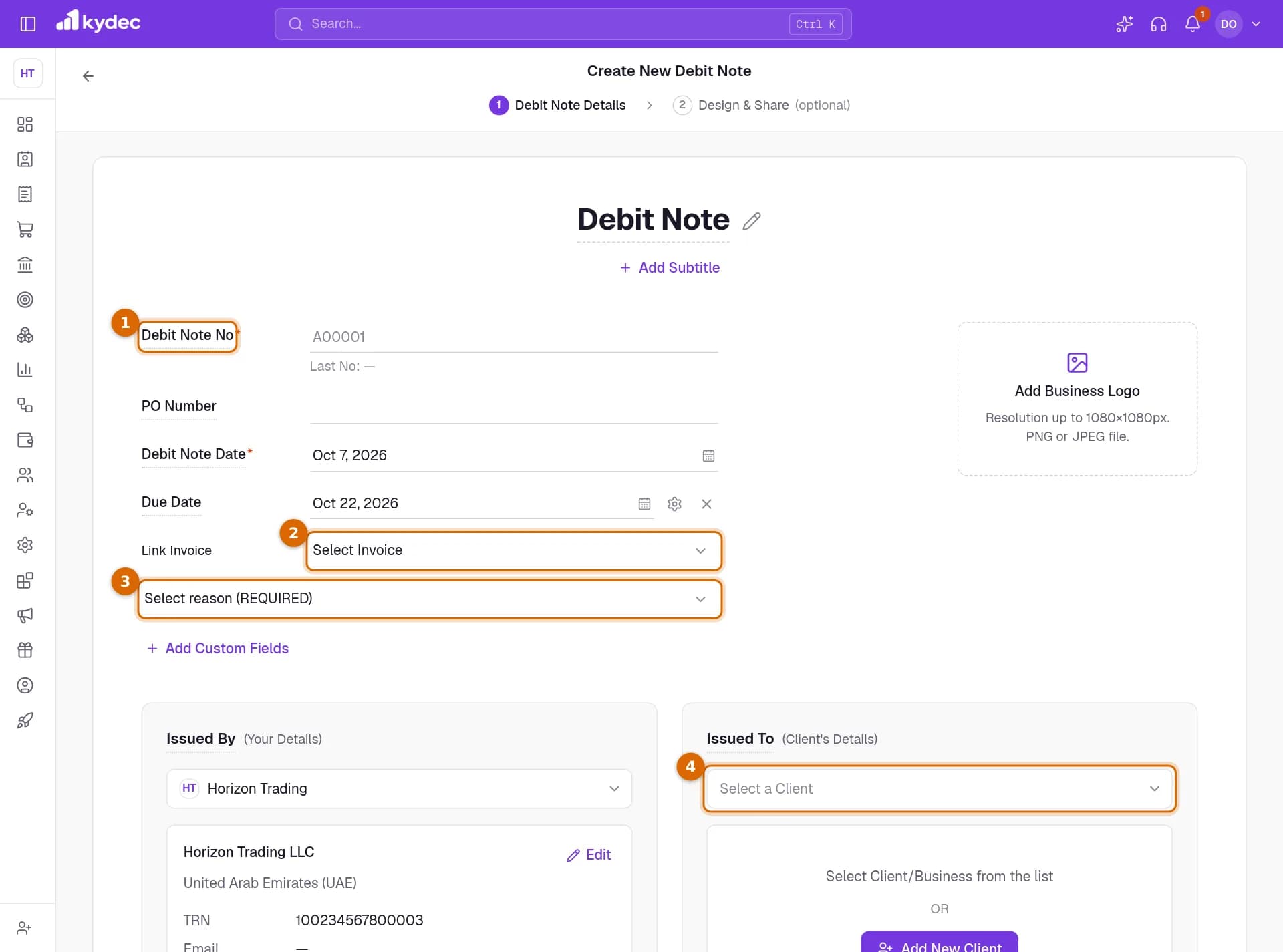A new debit note with the Debit Note No, Link Invoice, the reason and the client picker marked.