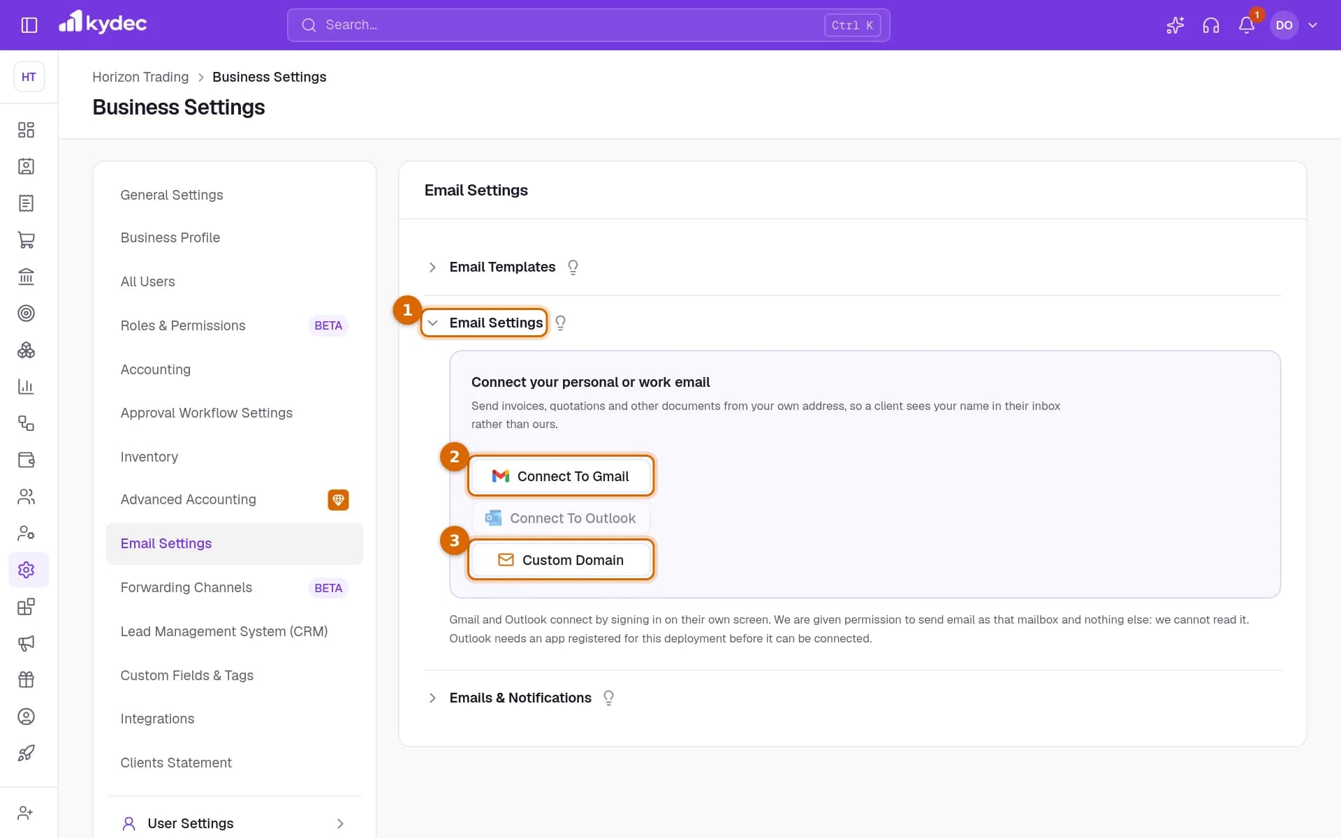 The Email Settings part of the Email Settings tab, with the section heading, the Connect To Gmail button and the Custom Domain button marked.