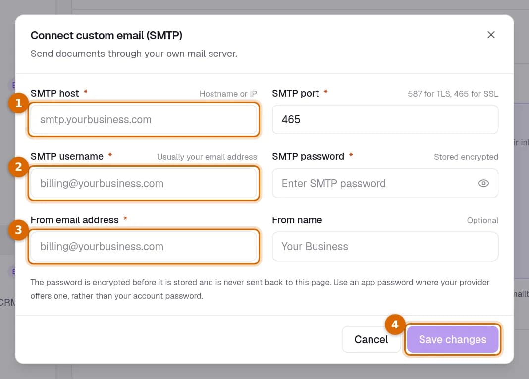 The Connect custom email (SMTP) dialog, with SMTP host, SMTP username, From email address and the Save changes button marked.