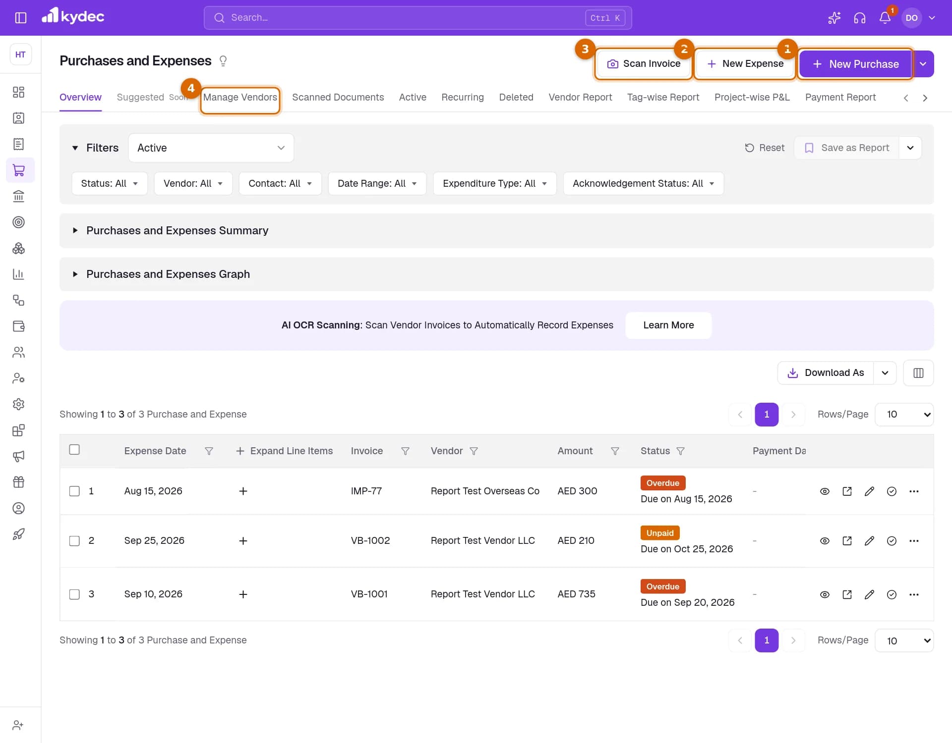 The Purchases and Expenses list with the New Purchase, New Expense and Scan Invoice buttons and the Manage Vendors tab marked.