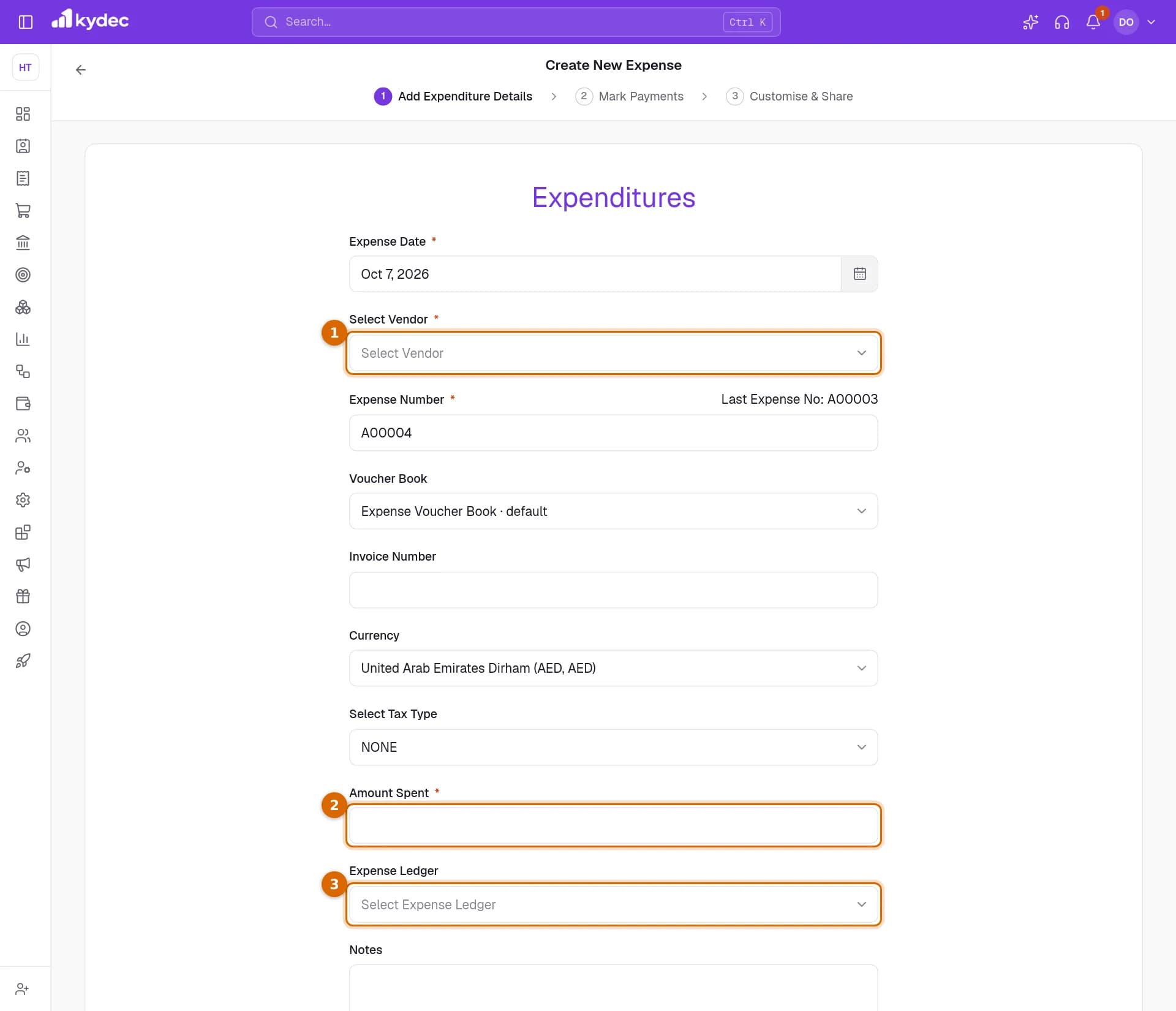 The Create New Expense form with the Select Vendor, Amount Spent and Expense Ledger fields marked.