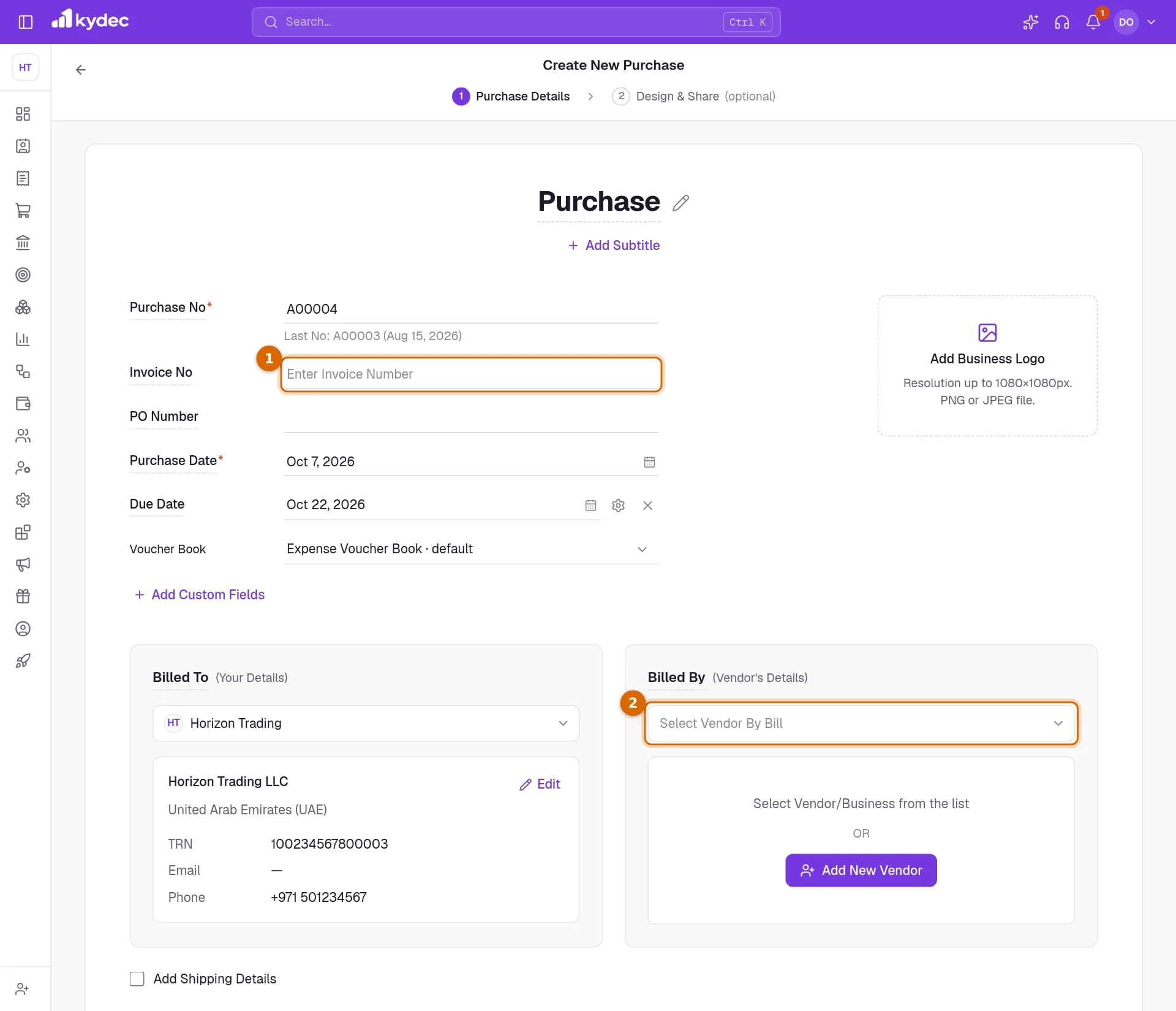The Create New Purchase form with the Invoice No field, the vendor picker and the Add New Line button marked.