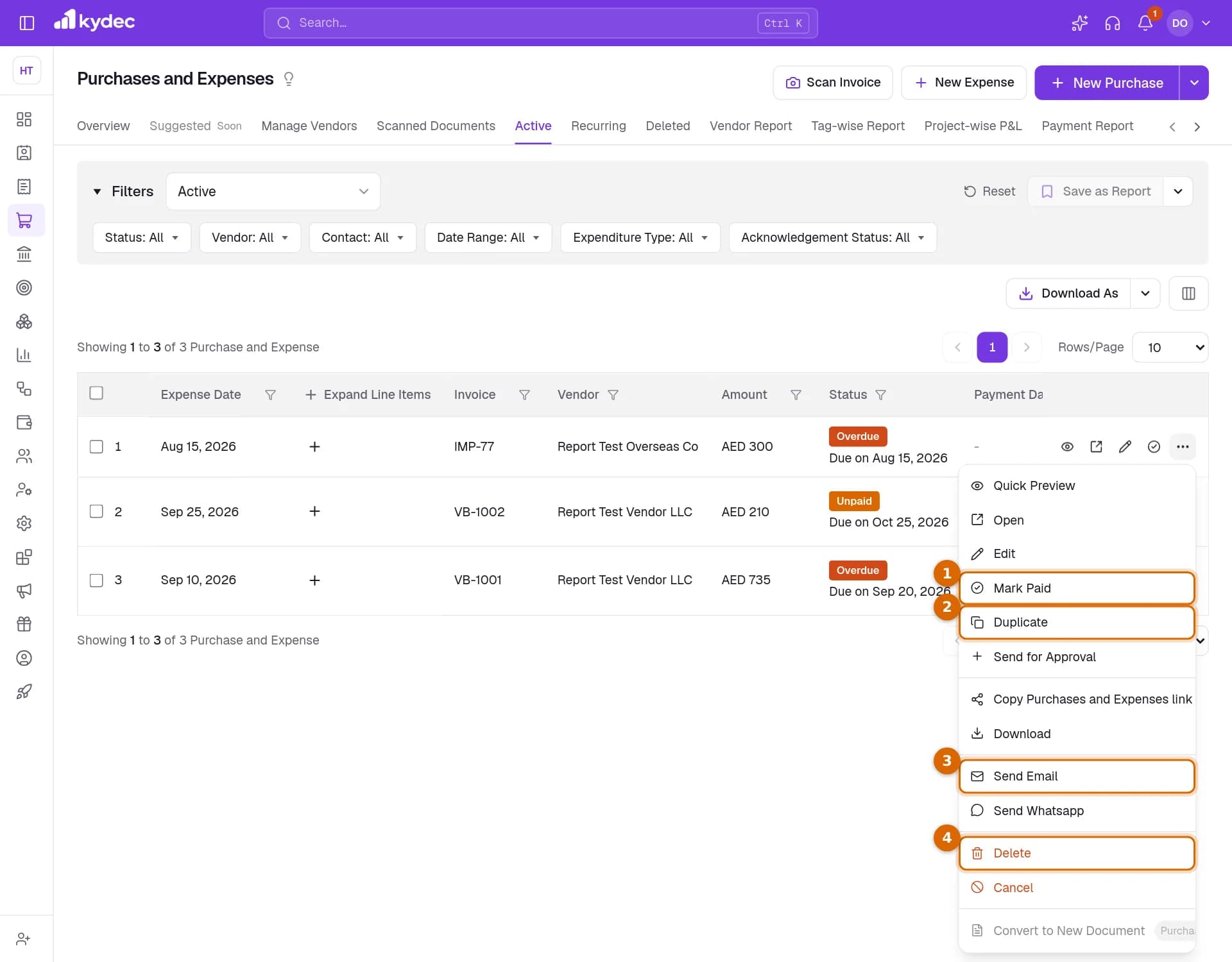 The actions menu of a purchase with Mark Paid, Duplicate, Send Email and Delete marked.