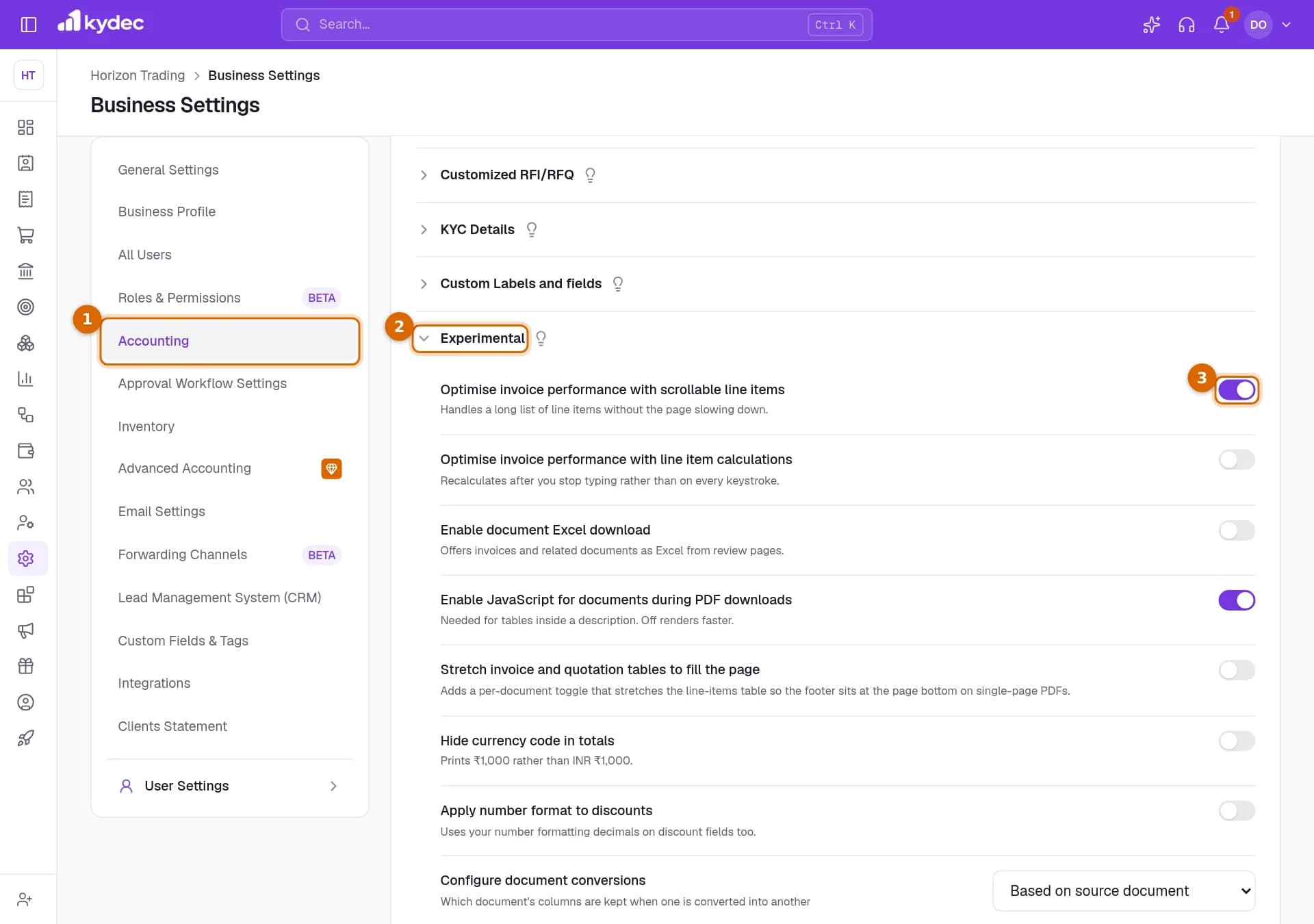 The Experimental part of the Accounting tab, with the tab, the section heading and the first switch marked.