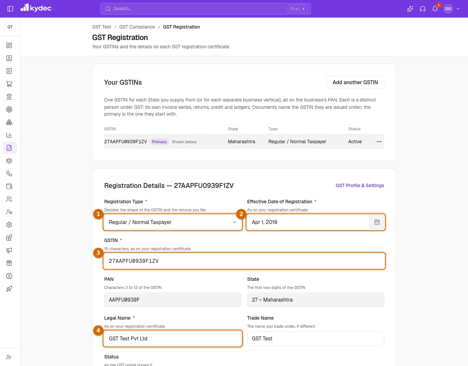 The GST Registration form with the Registration Type, the Effective Date of Registration, the GSTIN and the Legal Name marked.