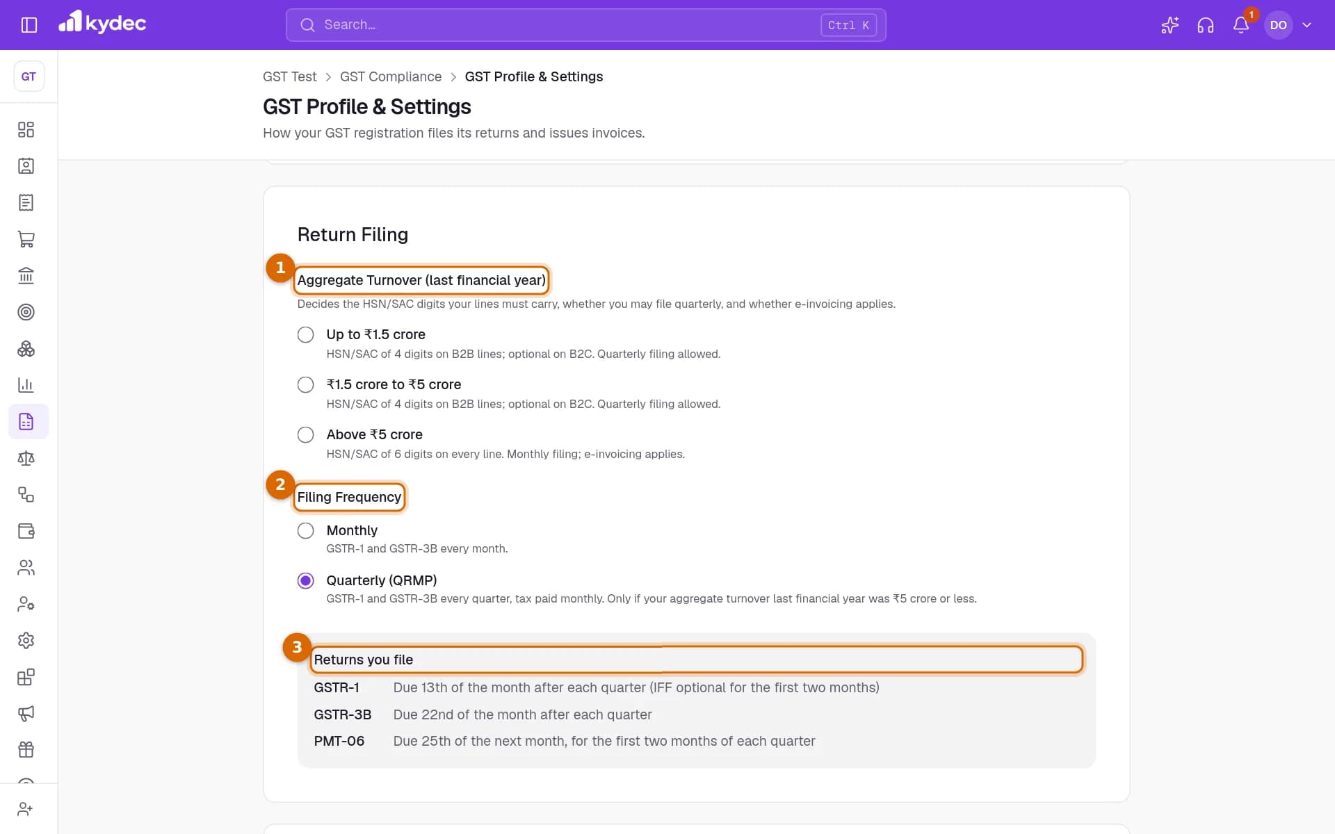 The Return Filing card of GST Profile & Settings with the Aggregate Turnover choices, the Filing Frequency and the Returns you file list marked.