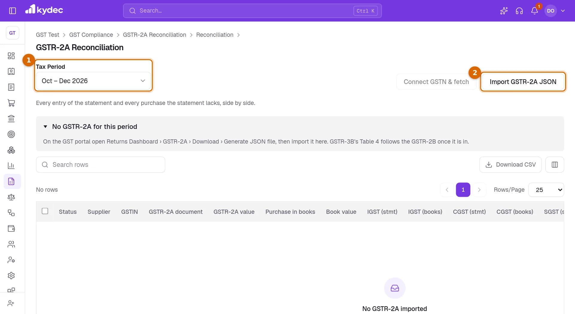 The GSTR-2A Reconciliation page with the Tax Period picker and the Import GSTR-2A button marked.