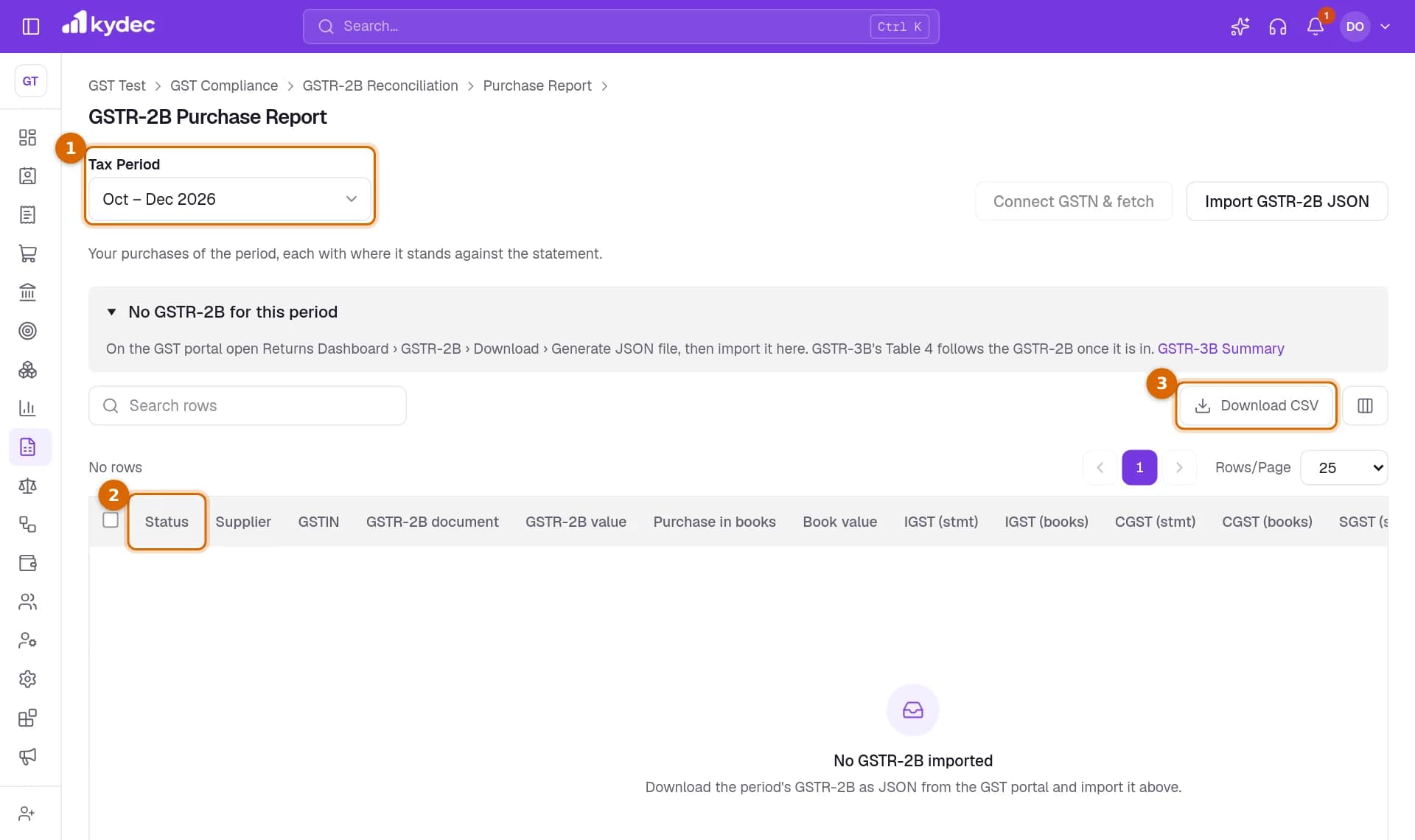 The GSTR-2B Purchase Report with the Tax Period picker, the Status column and the Download CSV button marked.