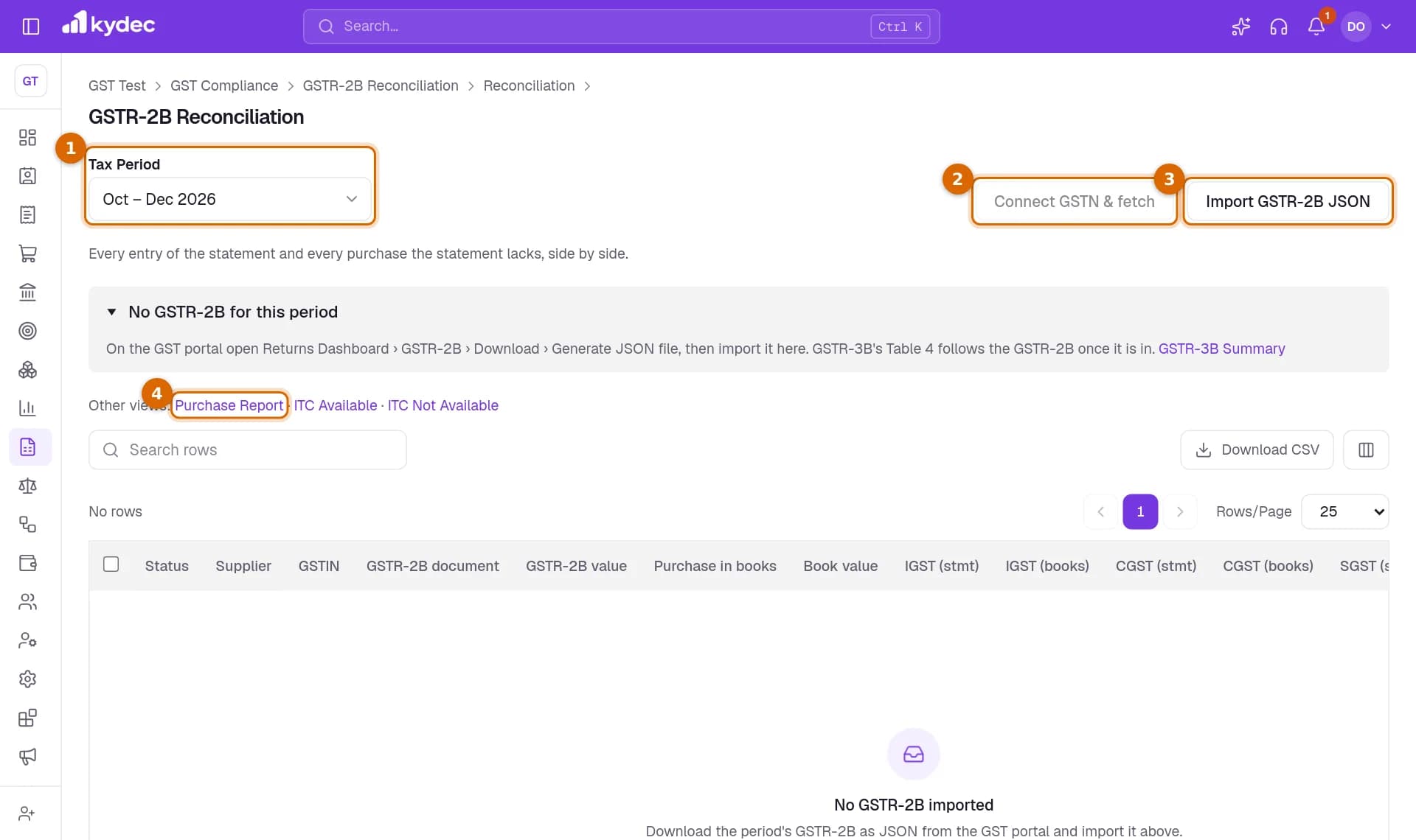 The GSTR-2B Reconciliation page with the Tax Period picker, the Connect GSTN & fetch button, the Import GSTR-2B button and the Purchase Report link under Other views marked.
