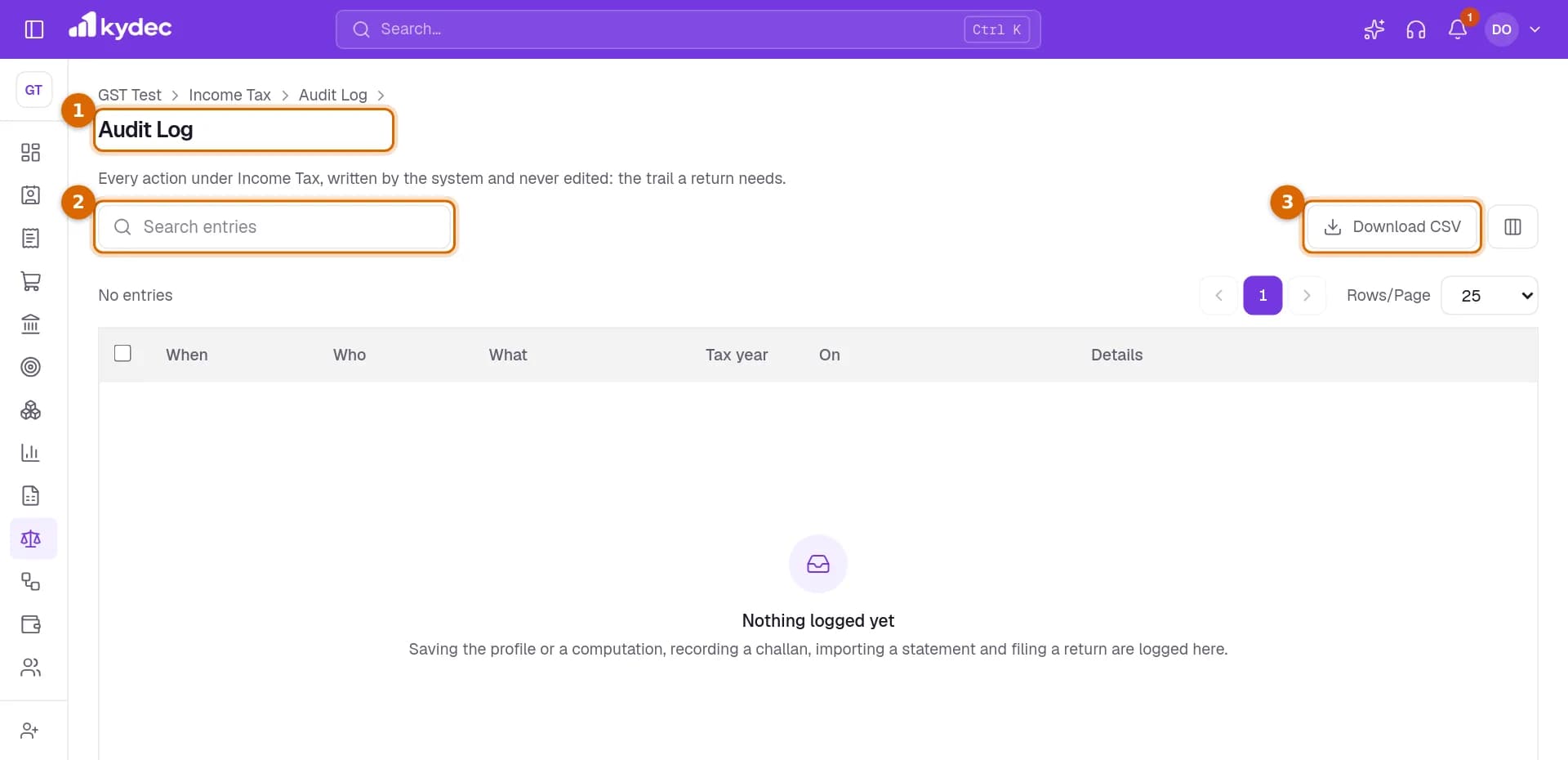 The Income Tax Audit Log with its heading, the search box and the Download CSV button marked.