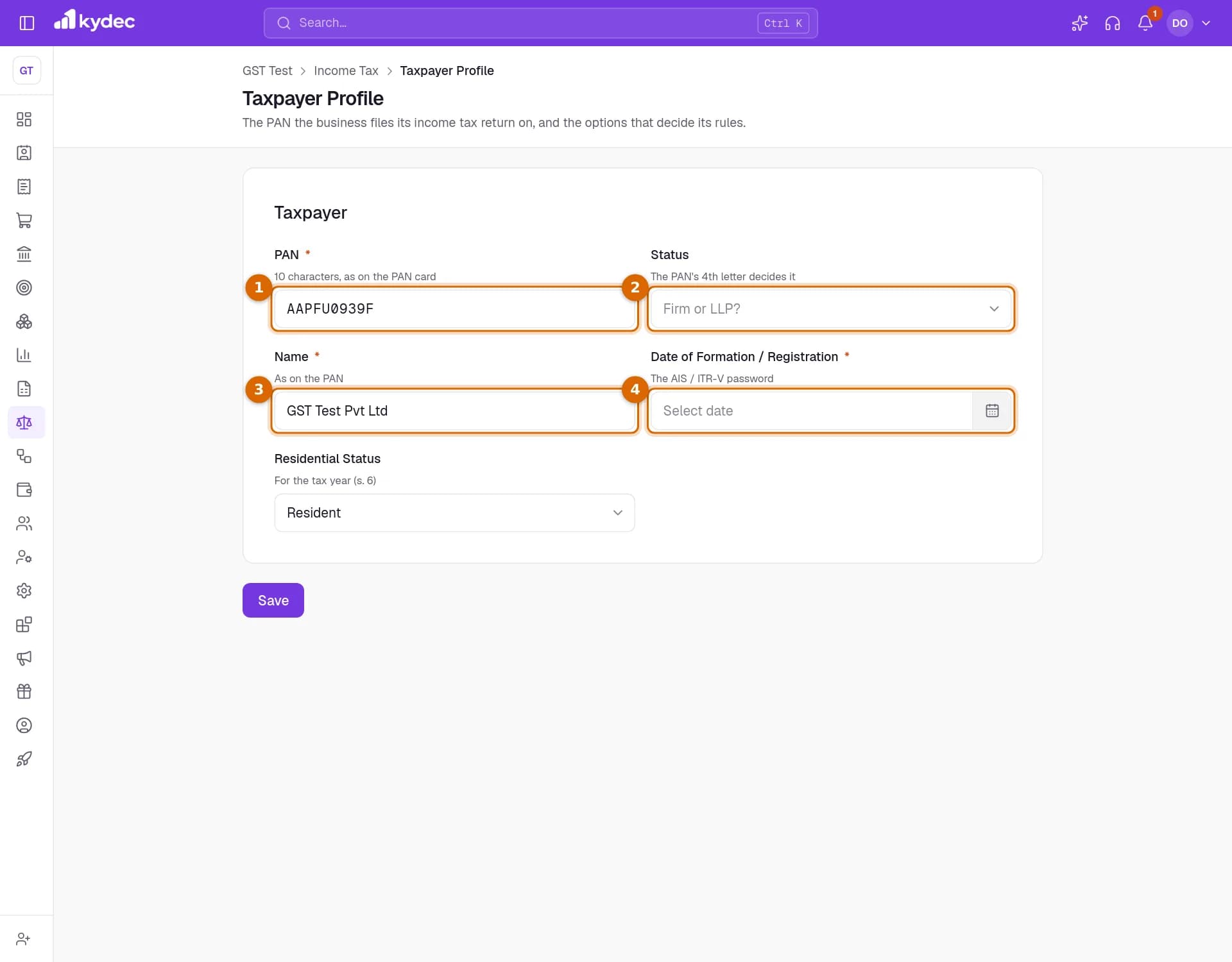 The Taxpayer Profile form with the PAN, Status, Name and date fields marked.