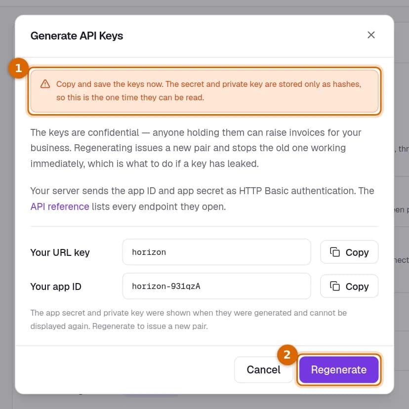 The Generate API Keys dialog with the copy-now warning and the button that generates the keys marked.