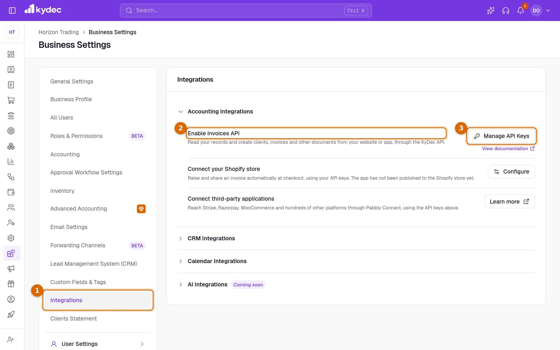 The Integrations tab of Business Settings with the Integrations tab, the Enable Invoices API row and its keys button marked.