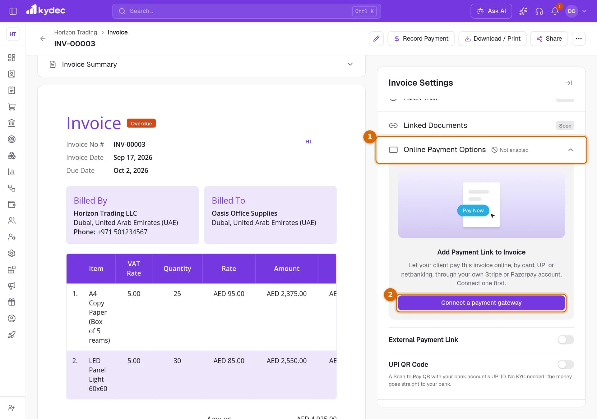 An invoice with Online Payment Options open, and Add Payment Link to Invoice with its Connect a payment gateway button marked.