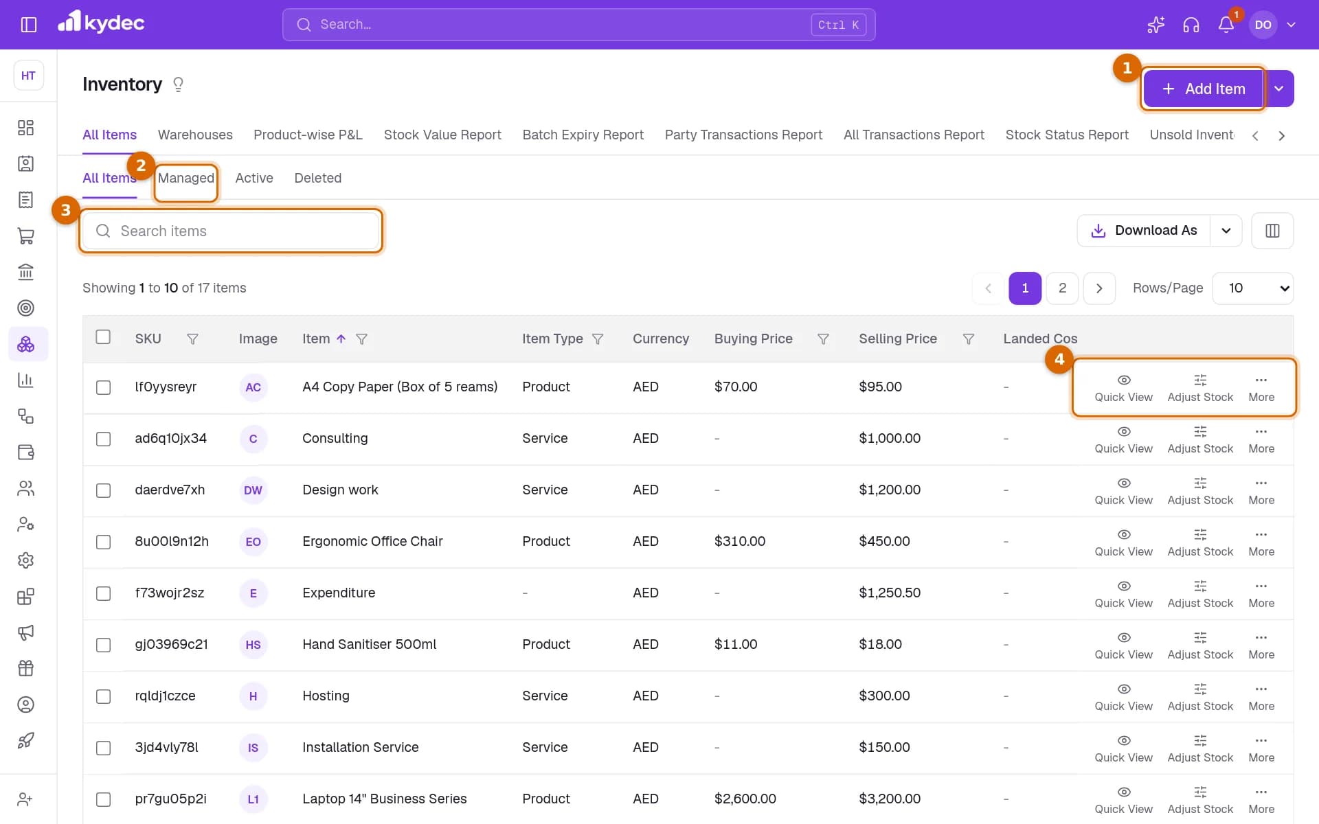 The All Items list with the Add Item button, the Managed tab, the search box and the actions on a row marked.