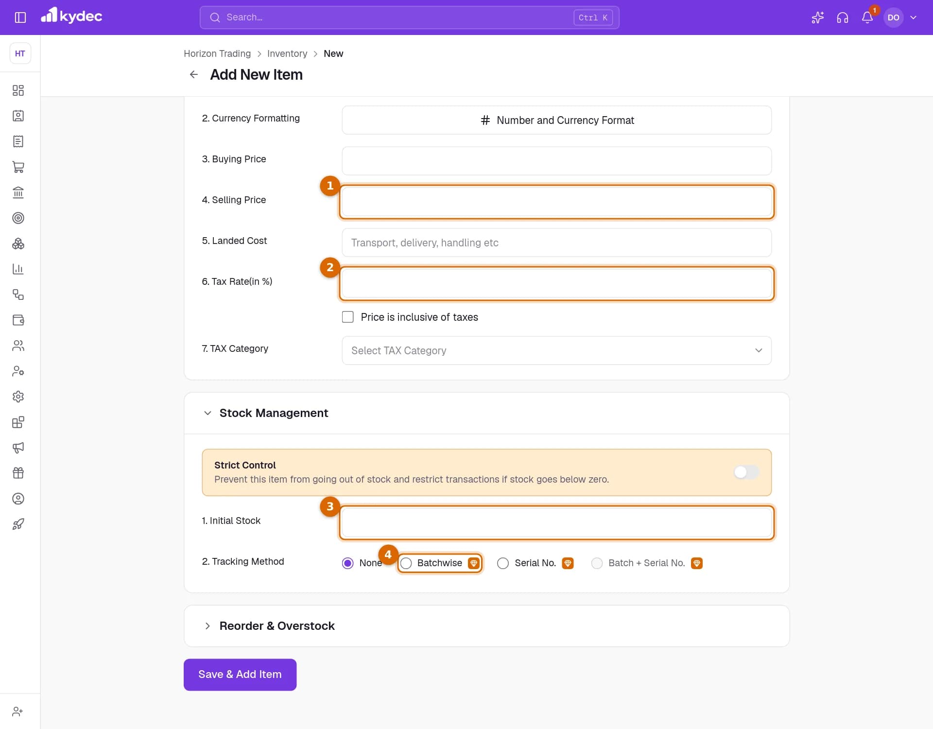 The Pricing & Taxation and Stock Management sections of the item form, with the Selling Price, the Tax Rate, the Initial Stock and the Batchwise tracking method marked.
