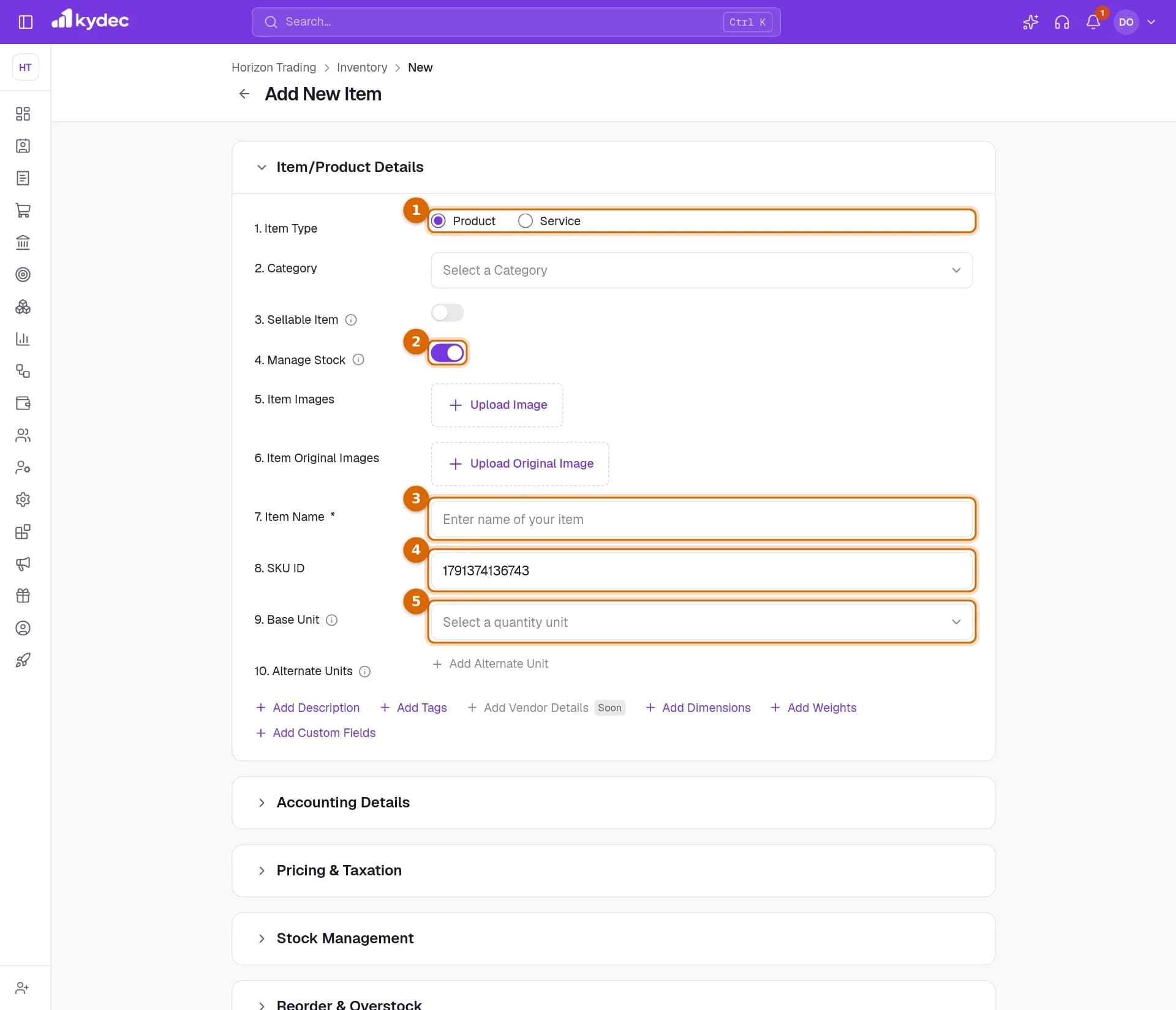 The Add New Item form with the Item Type choice, the Manage Stock switch, the Item Name, the SKU ID and the Base Unit marked.