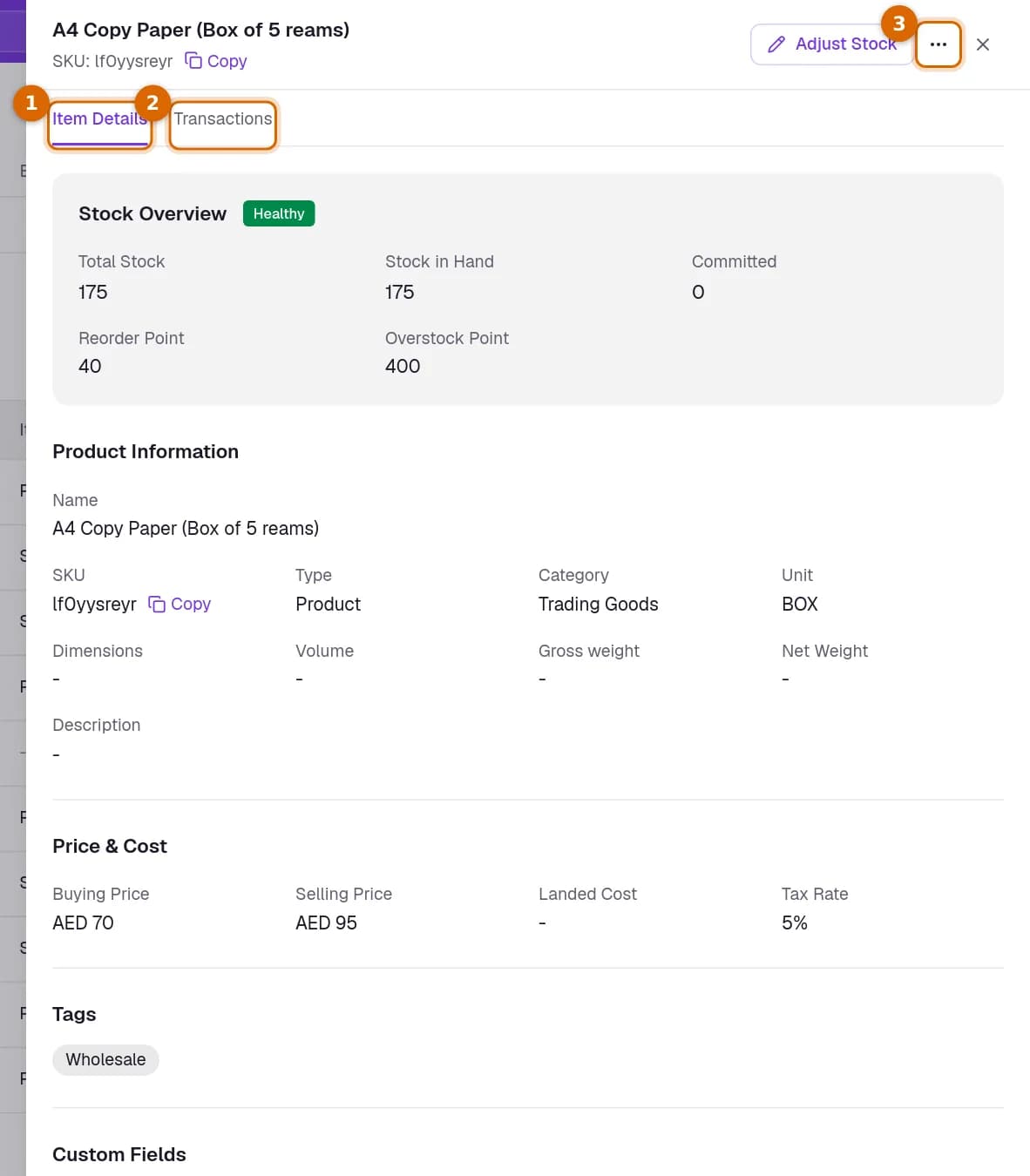 The quick view of an item with the Item Details tab, the Transactions tab and the actions menu beside Adjust Stock marked.