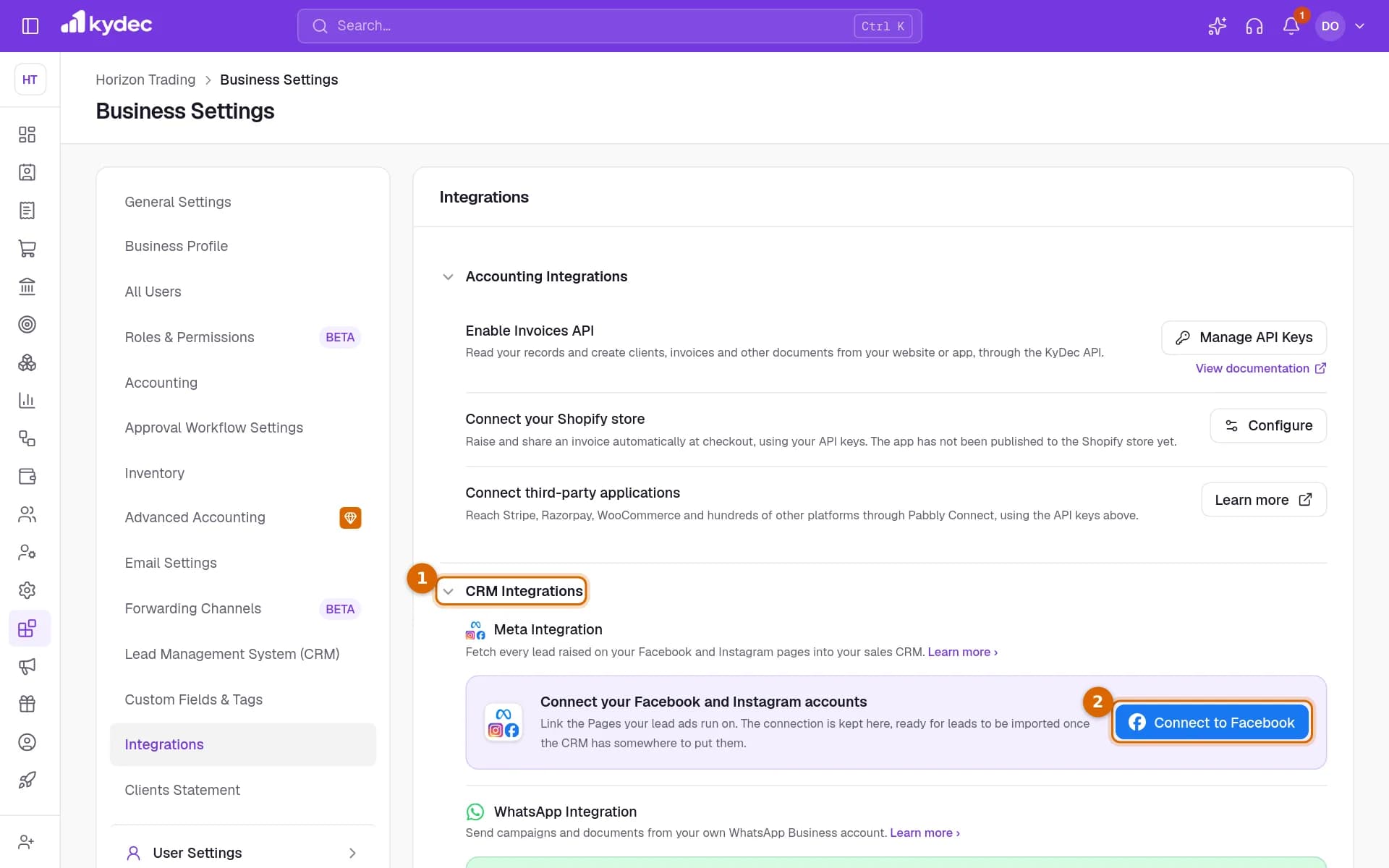 The Integrations tab with the CRM Integrations section open and the Connect to Facebook button marked.