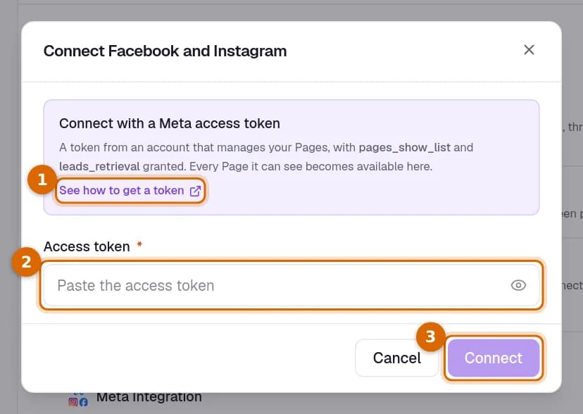 The Connect Facebook and Instagram dialog with the token guide link, the Access token field and the Connect button marked.