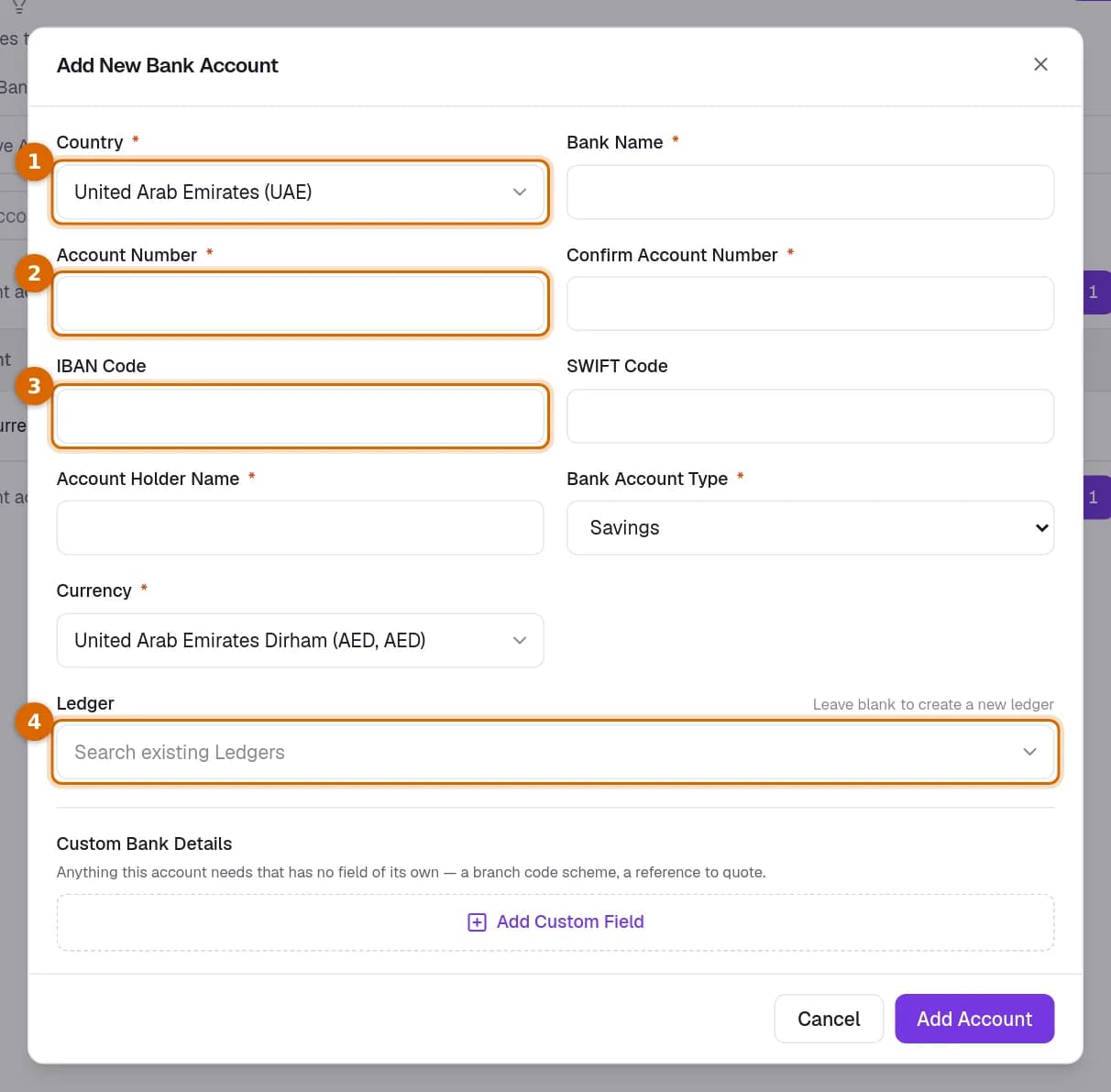 The Add New Bank Account form with the country, the account number, the IBAN code and the ledger marked.