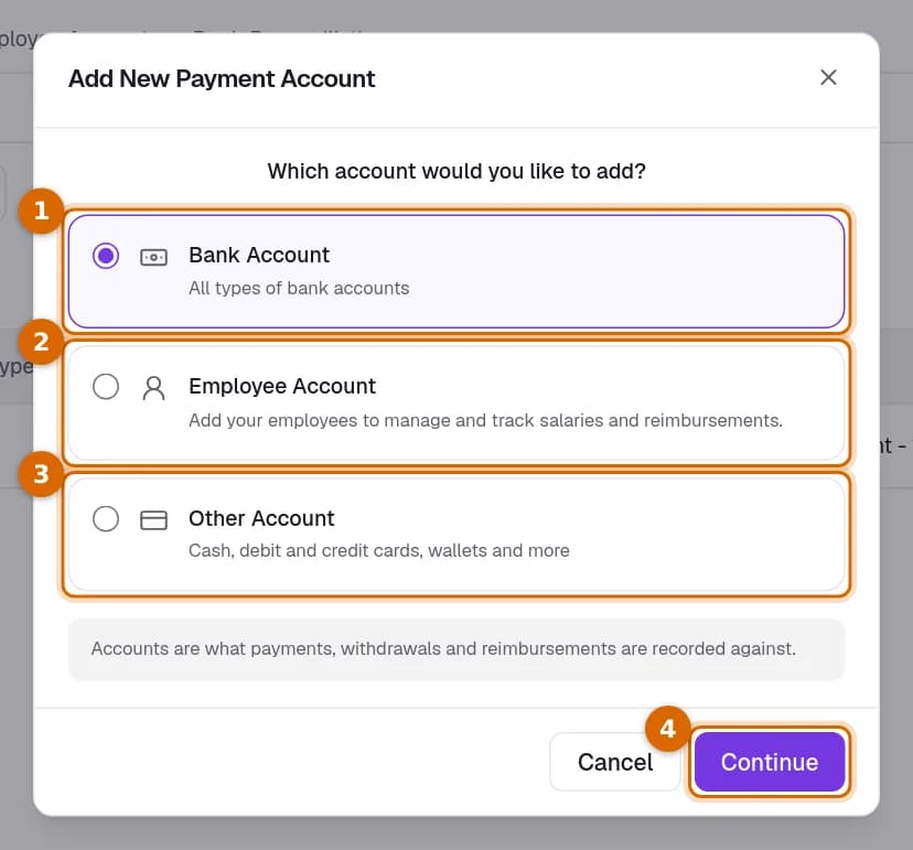 The Add New Payment Account dialog with Bank Account, Employee Account, Other Account and the Continue button marked.