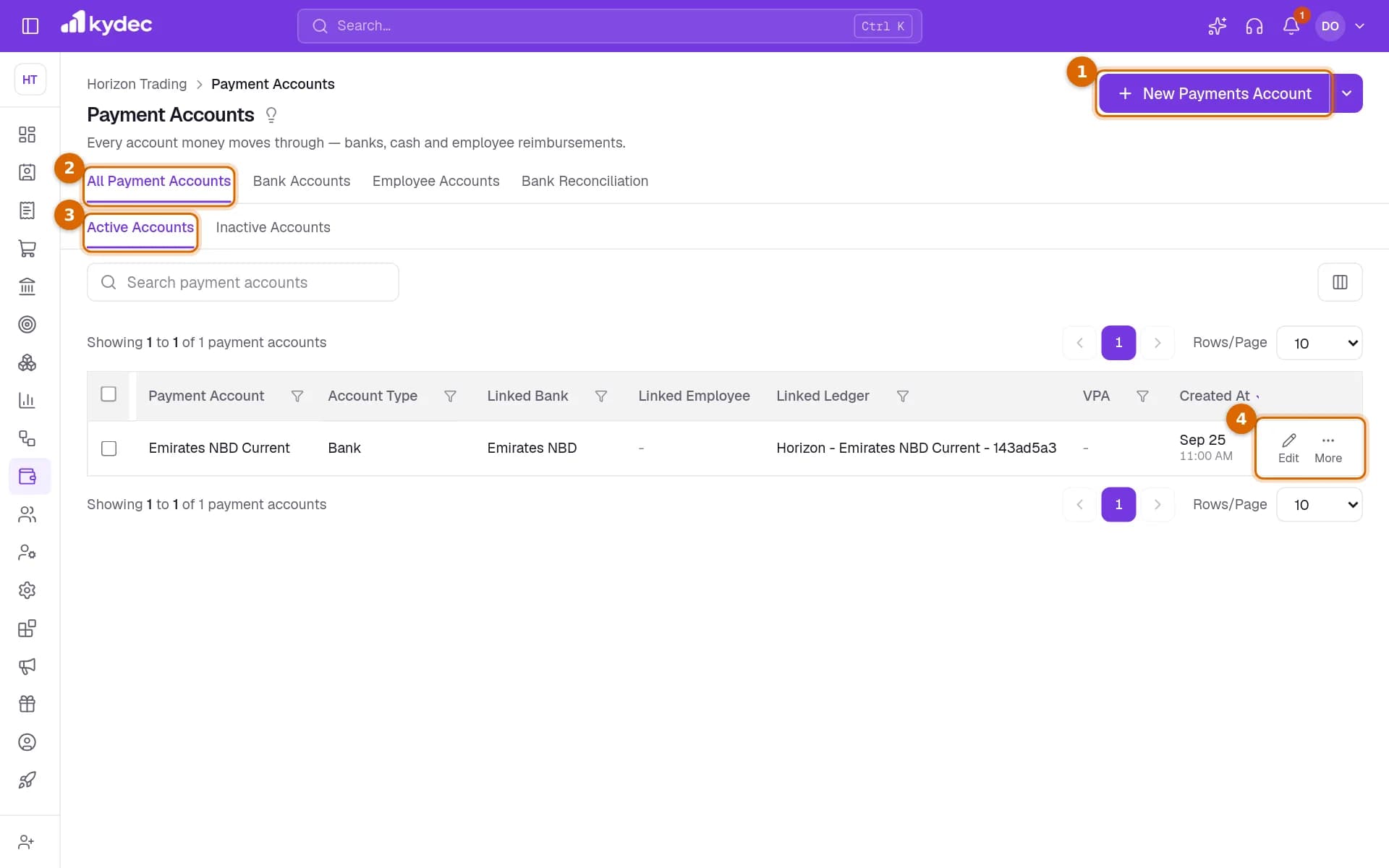 The Payment Accounts list with the New Payments Account button, the screen strip, the Active Accounts tab and the actions on a row marked.