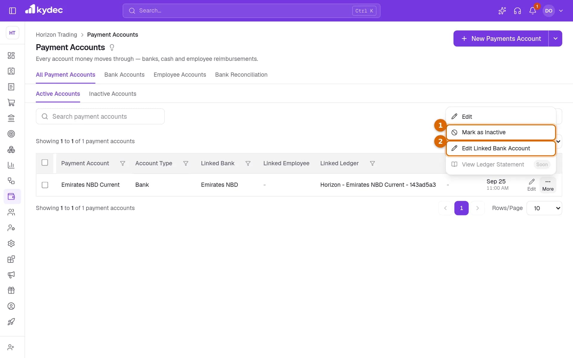 The More menu of a bank account, with Mark as Inactive and Edit Linked Bank Account marked.