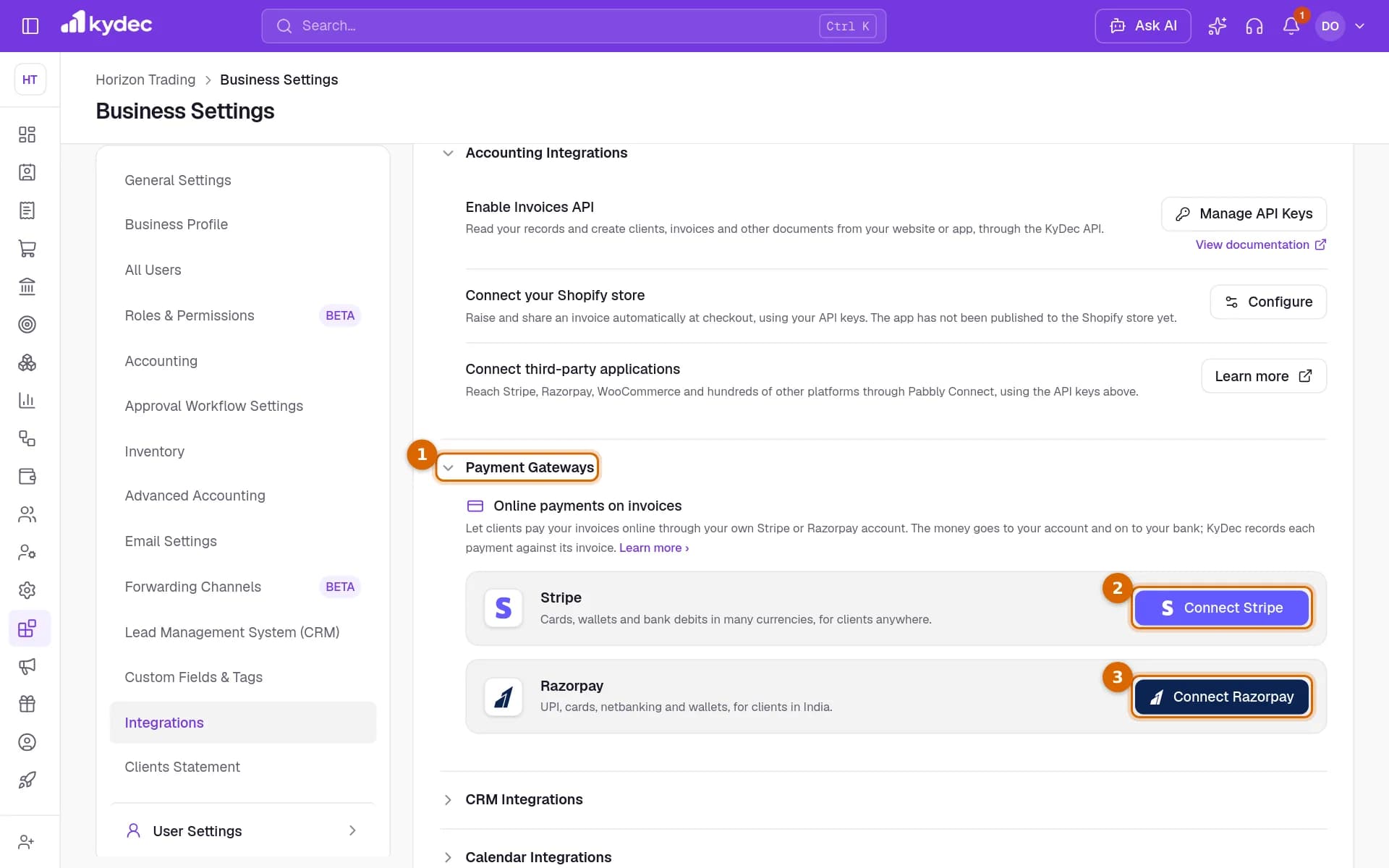 The Integrations tab with the Payment Gateways section open, and the Connect Stripe and Connect Razorpay buttons marked.