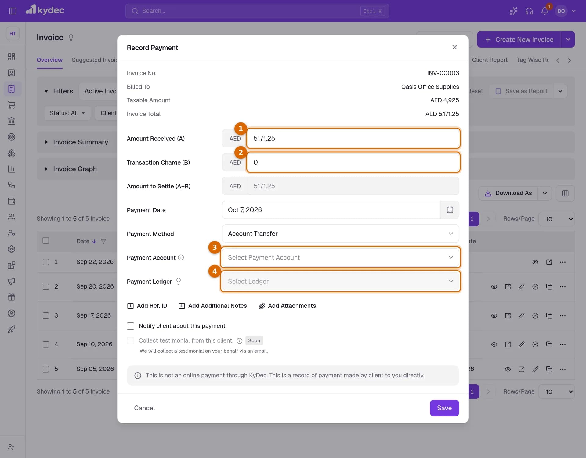 The Record Payment dialog with the Amount Received, Transaction Charge, Payment Account and Payment Ledger fields marked.
