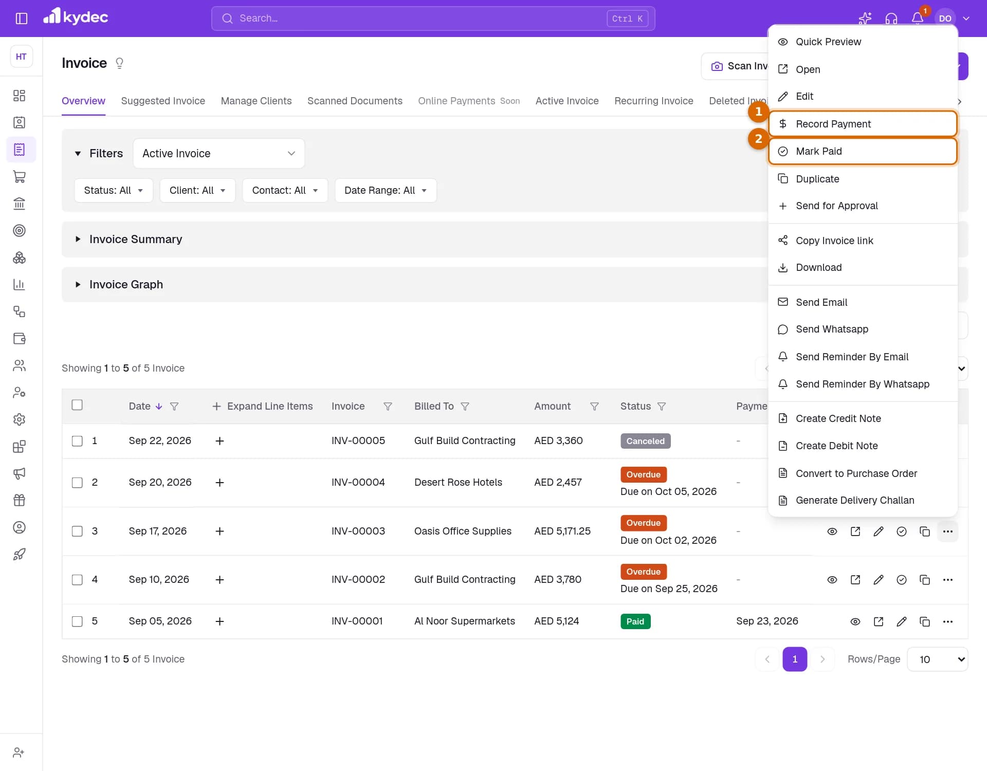 The actions menu of an unpaid invoice with Record Payment and Mark Paid marked.