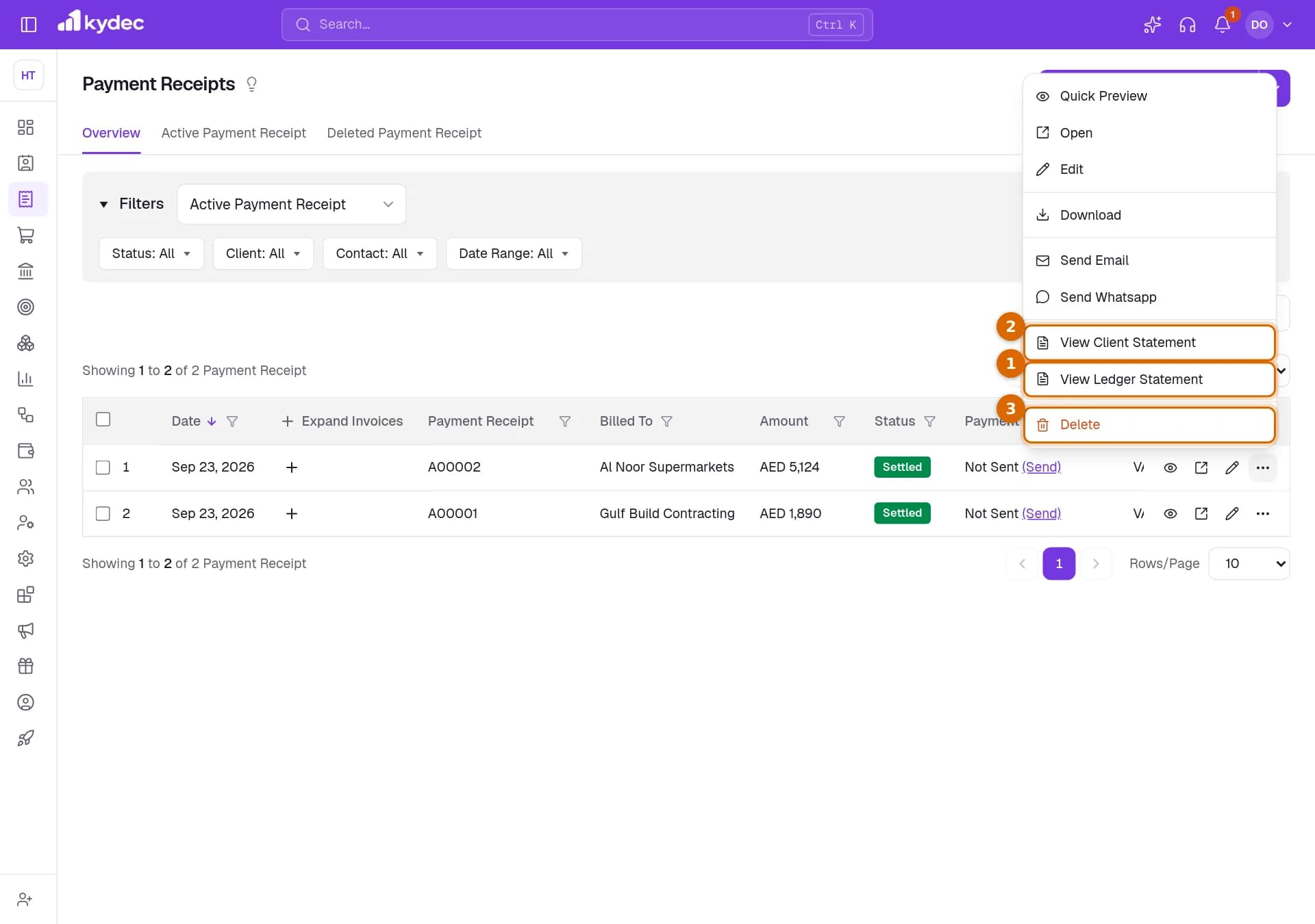 The actions menu of a payment receipt with View Ledger Statement, View Client Statement and Delete marked.