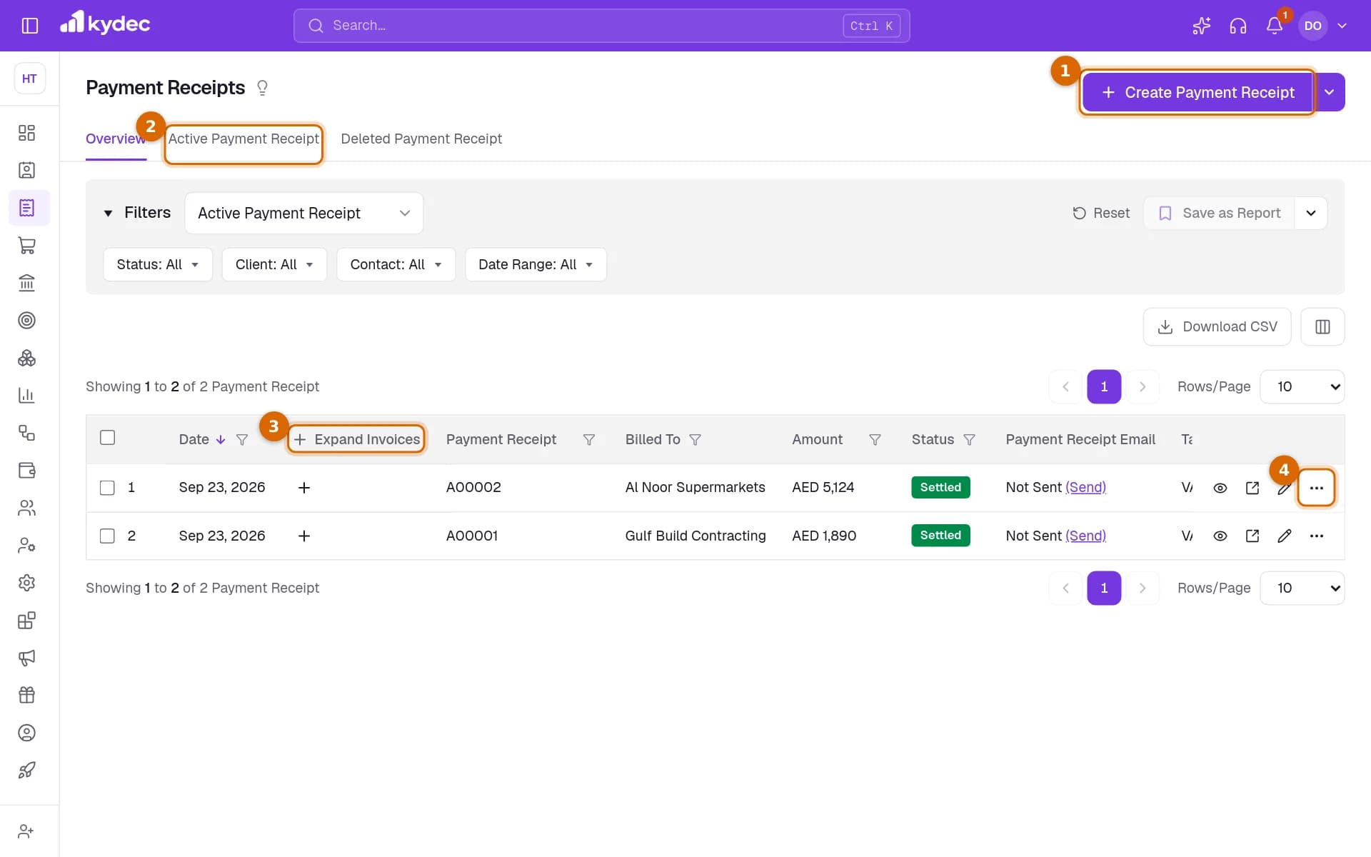 The Payment Receipts list with the Create Payment Receipt button, the Active Payment Receipt tab, the Expand Invoices column and the actions menu on a row marked.