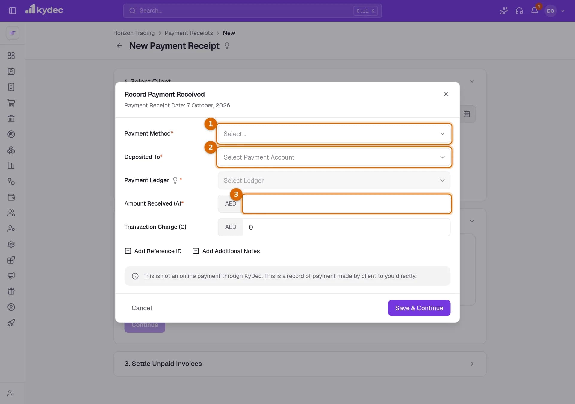The Record Payment Received dialog with the Payment Method, Deposited To and Amount Received fields marked.