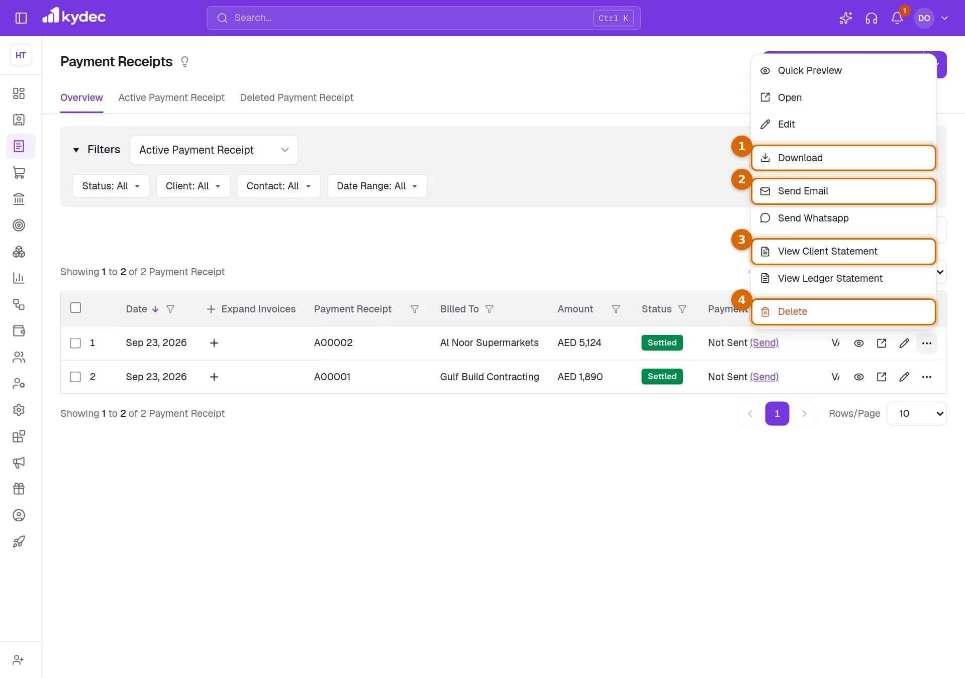 The actions menu of a payment receipt with Download, Send Email, View Client Statement and Delete marked.