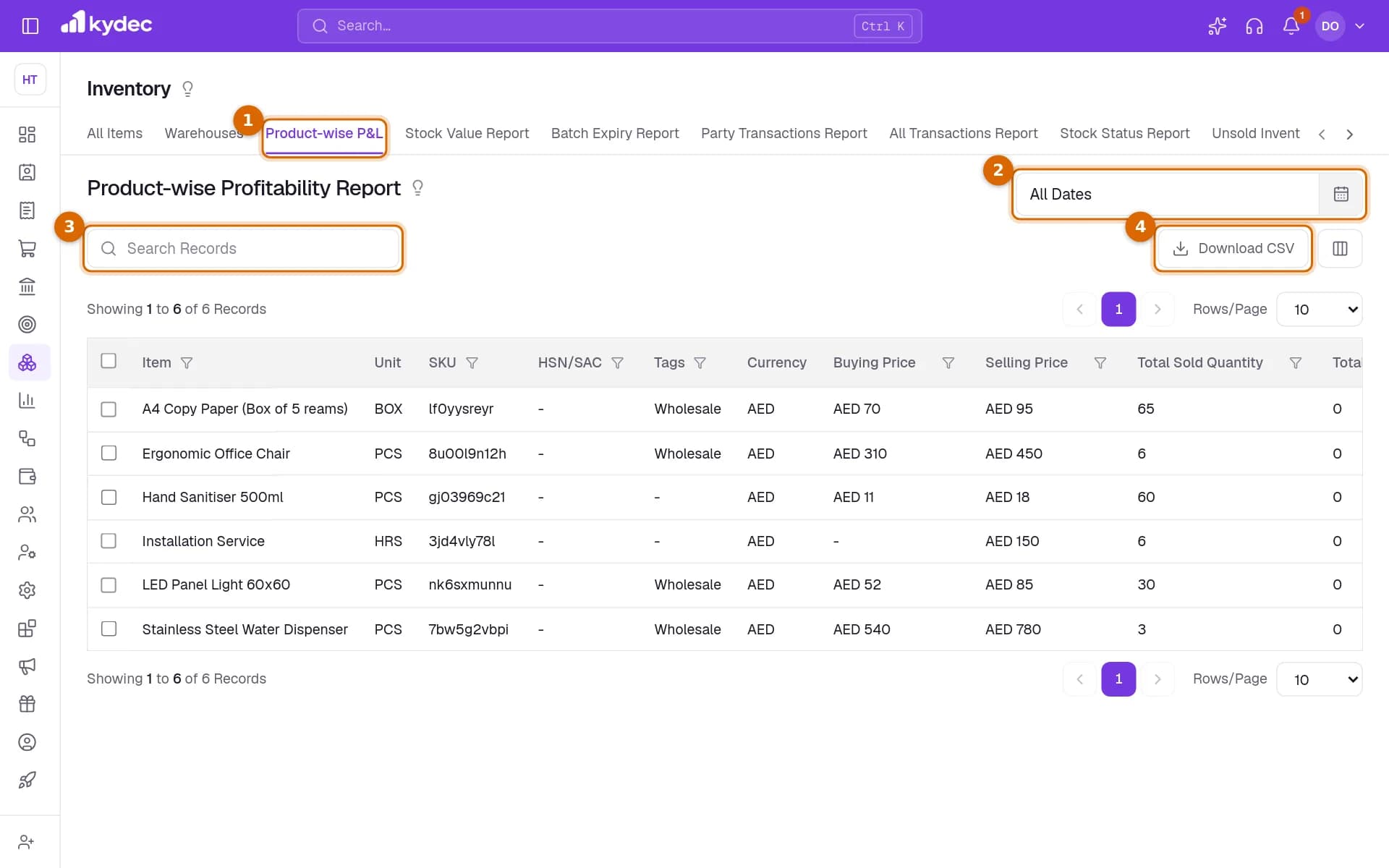 The Product-wise Profitability Report with its tab, the date range, the search box and Download CSV marked.