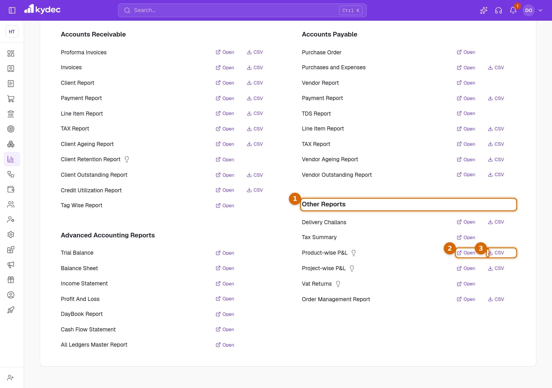 The Reports page scrolled to Other Reports, with the heading and the Open and CSV links of Product-wise P&L marked.