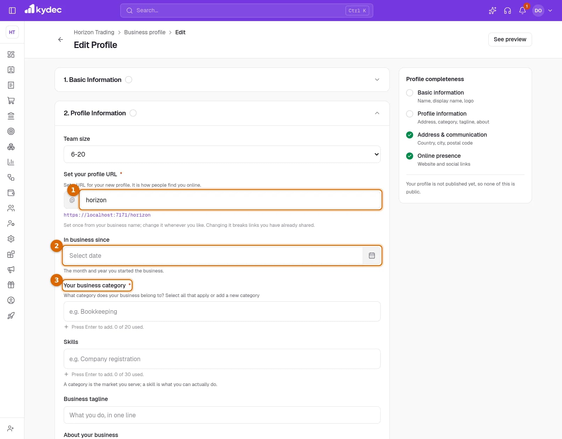 The Profile Information part of the Edit Profile form, with Set your profile URL, In business since and Your business category marked.