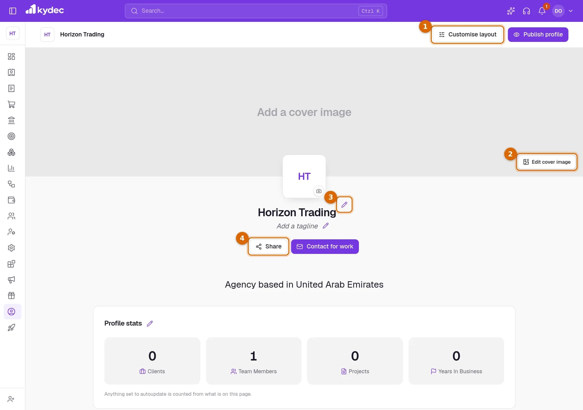 The business profile page as its owner sees it, with the Customise layout button, Edit cover image, the pencil beside the business name and the Share button marked.