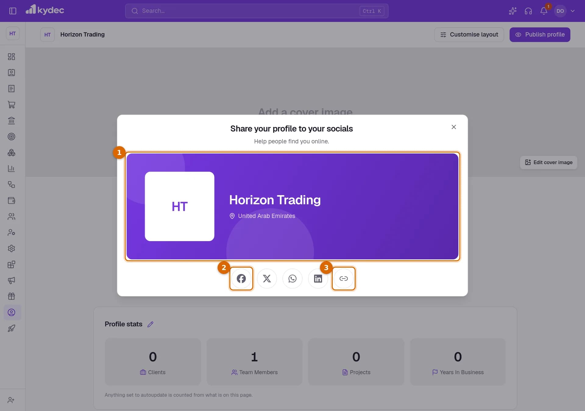 The Share your profile box, with the profile card, the Facebook button and the copy address button marked.