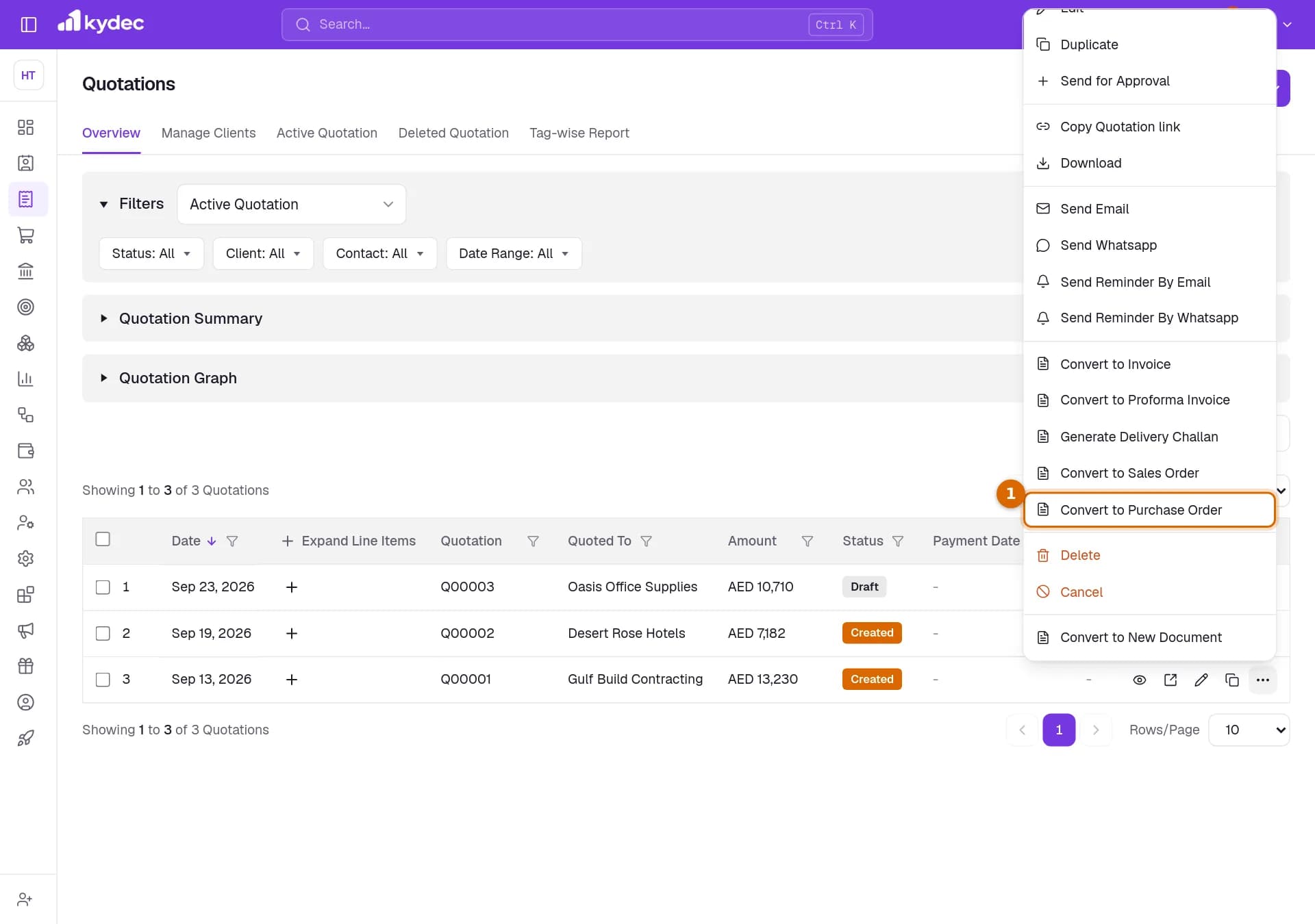The actions menu of a quotation with Convert to Purchase Order marked.
