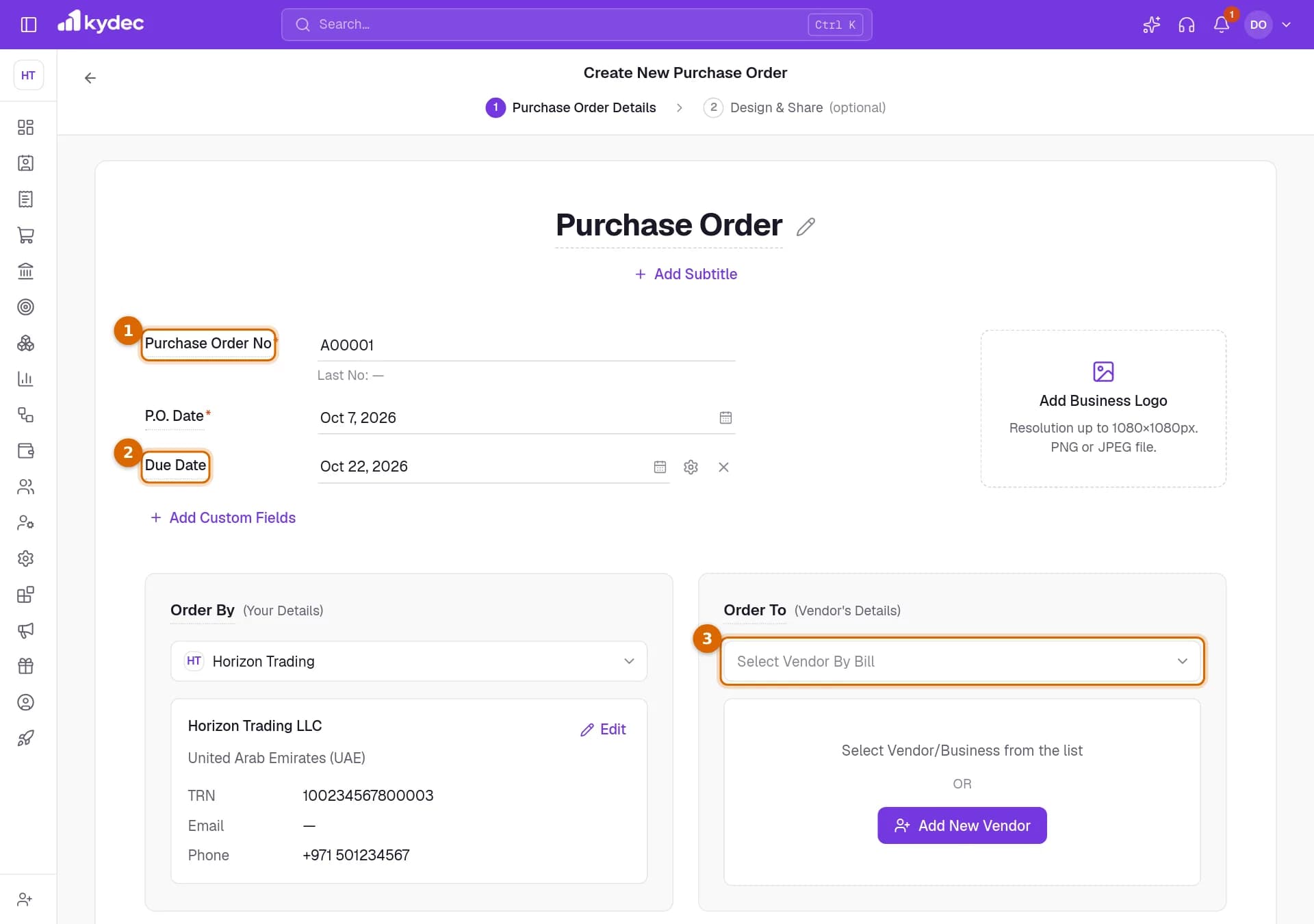 A new purchase order with the Purchase Order No, the Due Date and the vendor picker marked.