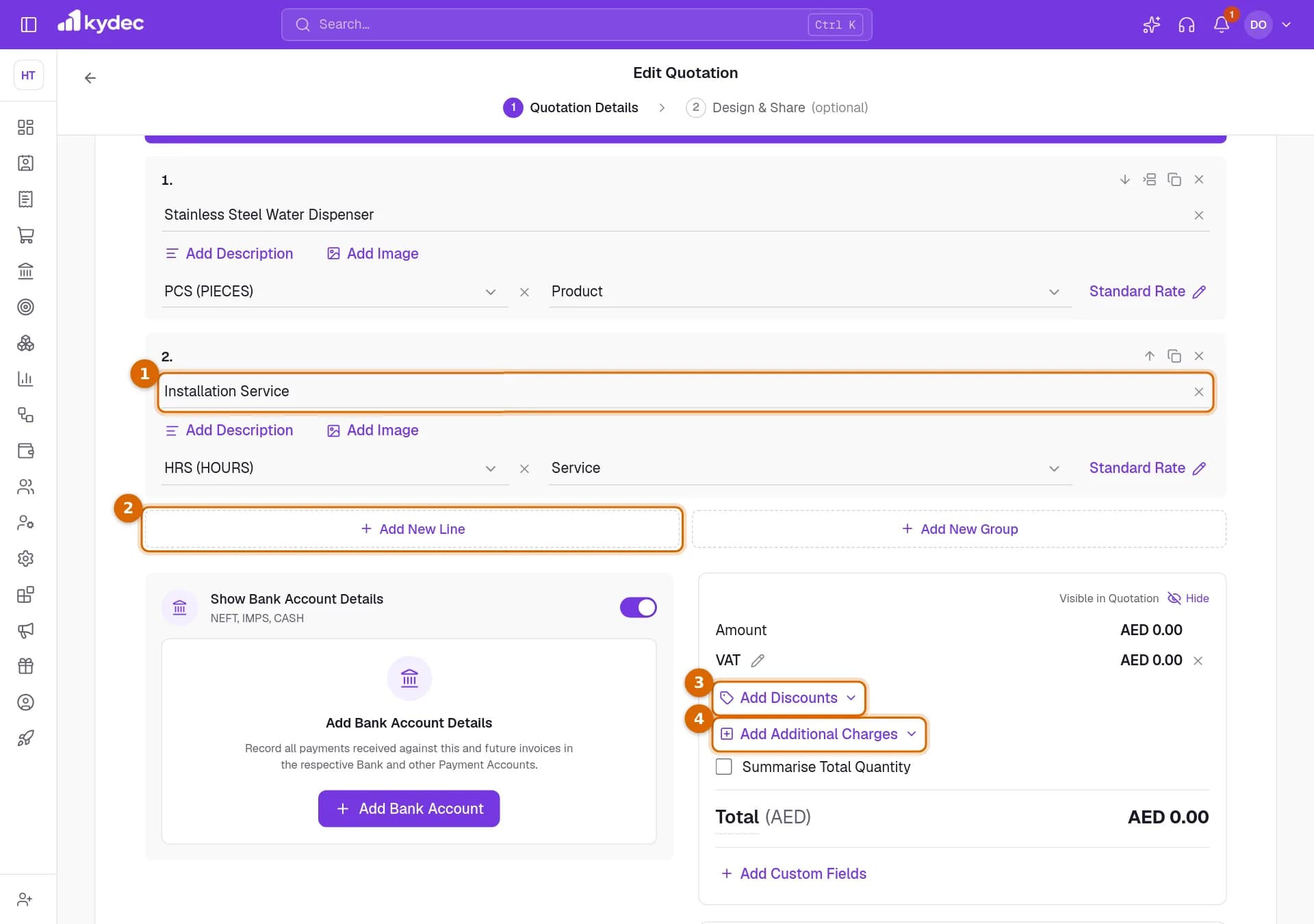 The items and totals of a quotation, with an item name, the Add New Line button, Add Discounts and Add Additional Charges marked.