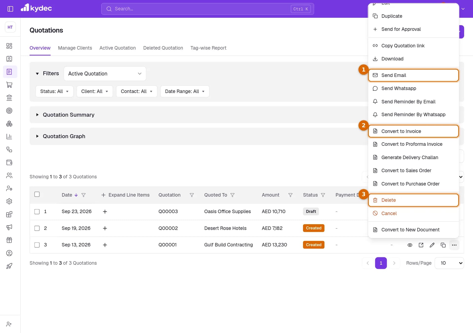 The actions menu of a quotation, with Send Email, Convert to Invoice and Delete marked.