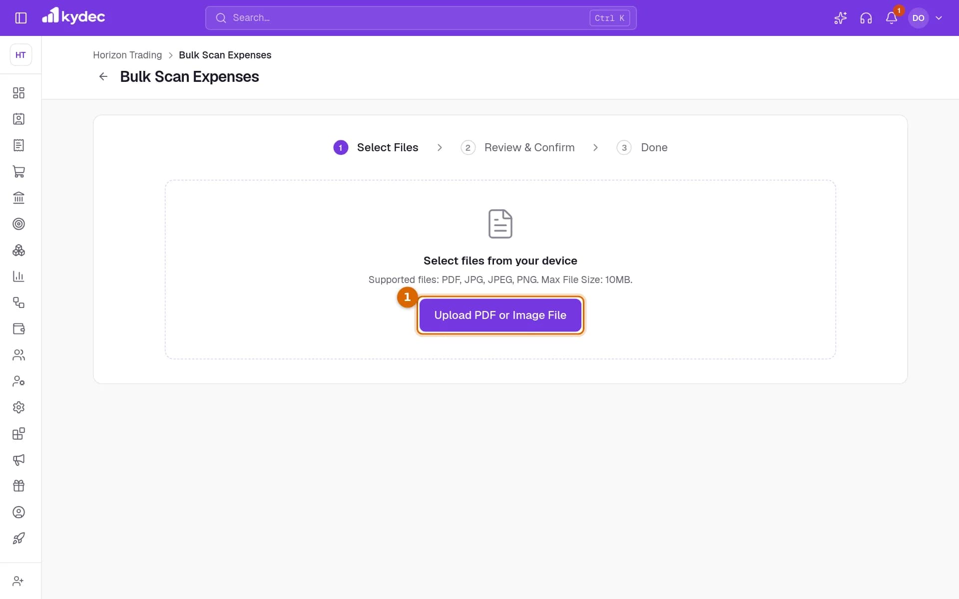 The Bulk Scan Expenses page on its first step, Select Files, with the Upload PDF or Image File button marked.