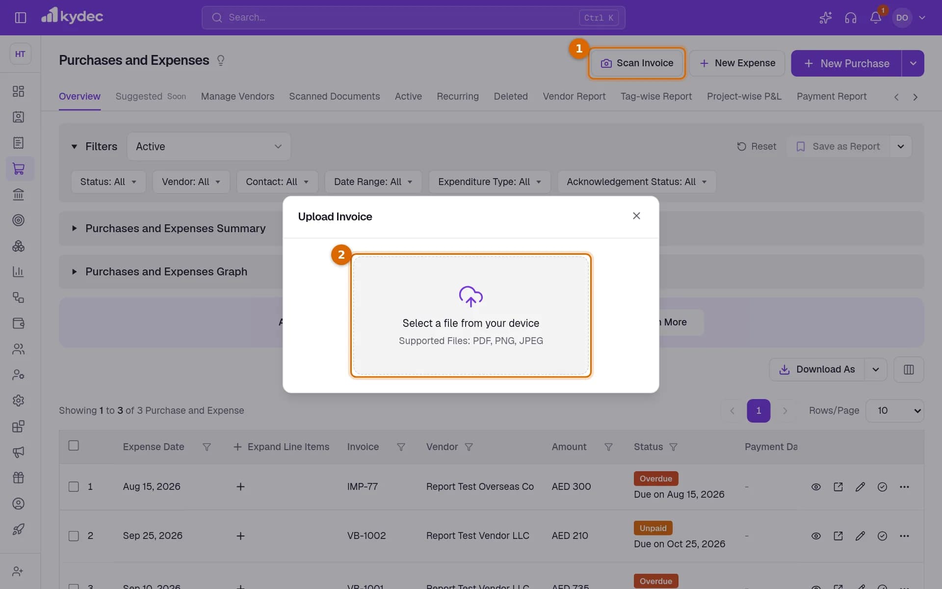 The Purchases and Expenses list with the Scan Invoice button and the upload box of the Upload Invoice dialog marked.