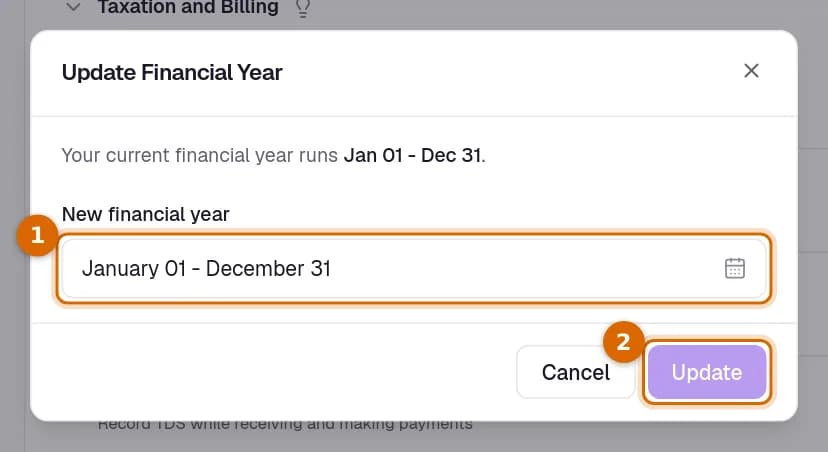 The Update Financial Year dialog, with the New financial year date and the Update button marked.