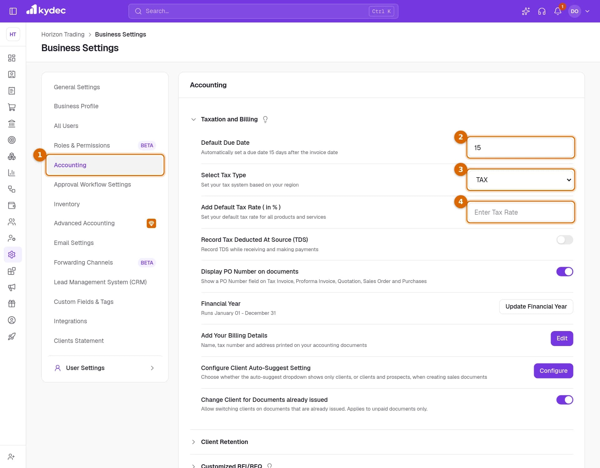 The Taxation and Billing part of the Accounting tab, with the tab, the Default Due Date box, the tax type list and the default tax rate box marked.