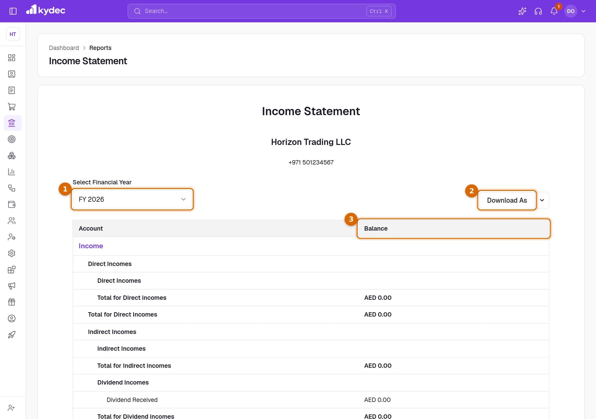 The Income Statement with the financial year, the Download As button and the Balance column marked.