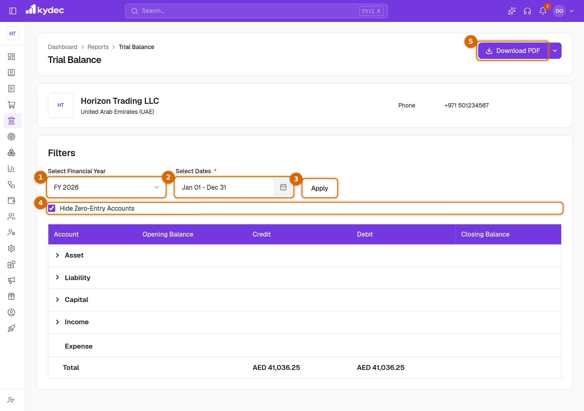 The Trial Balance with the financial year, the dates, the Apply button, the Hide Zero-Entry Accounts tick box and Download PDF marked.